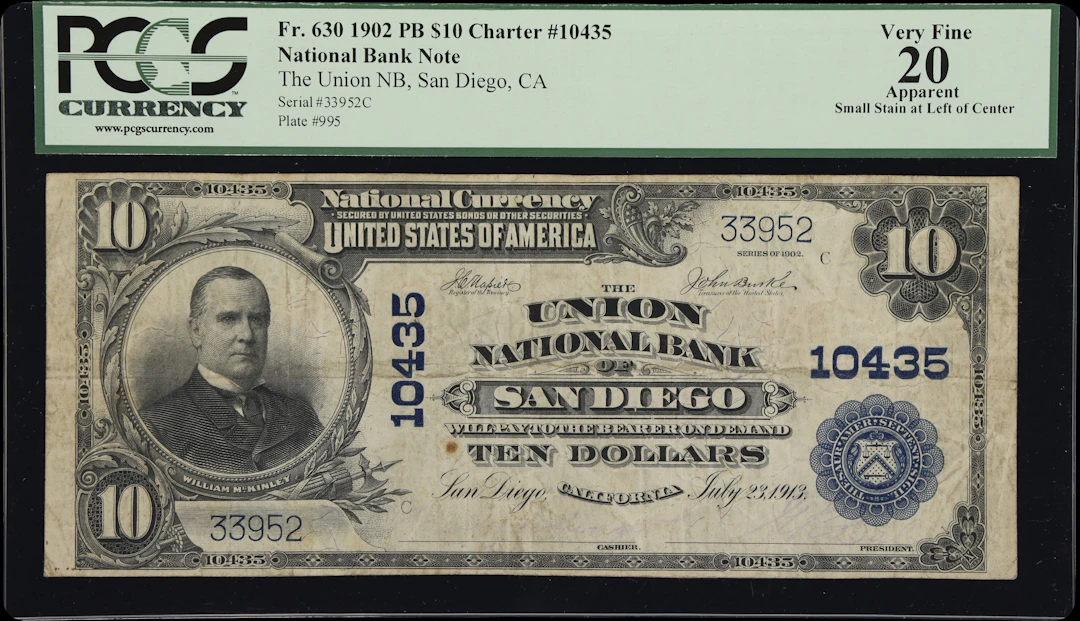 San Diego, California. $10 1902 Plain Back. Fr. 630. Union NB. Charter