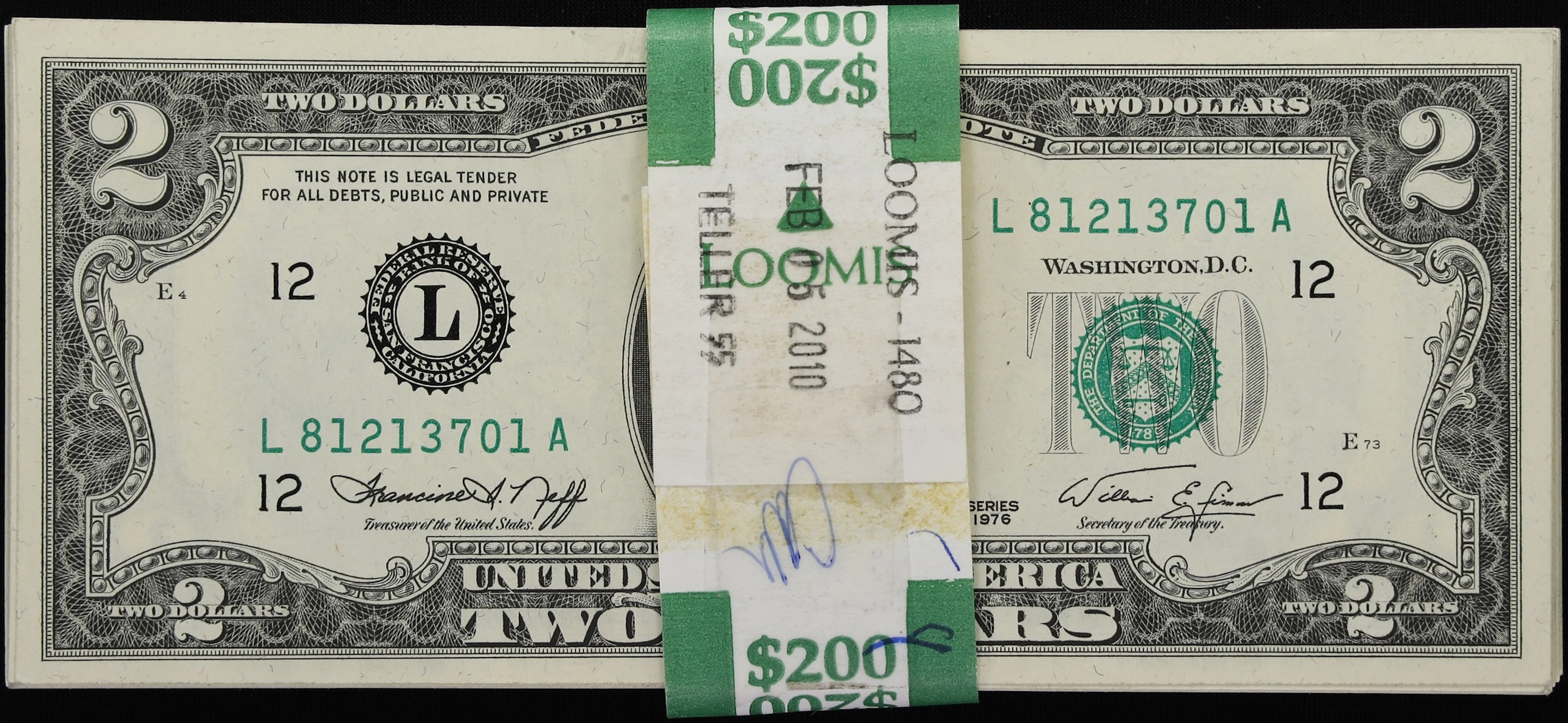 Original Pack of (100). Fr. 1935-L. 1976 $2 Federal Reserve Notes.