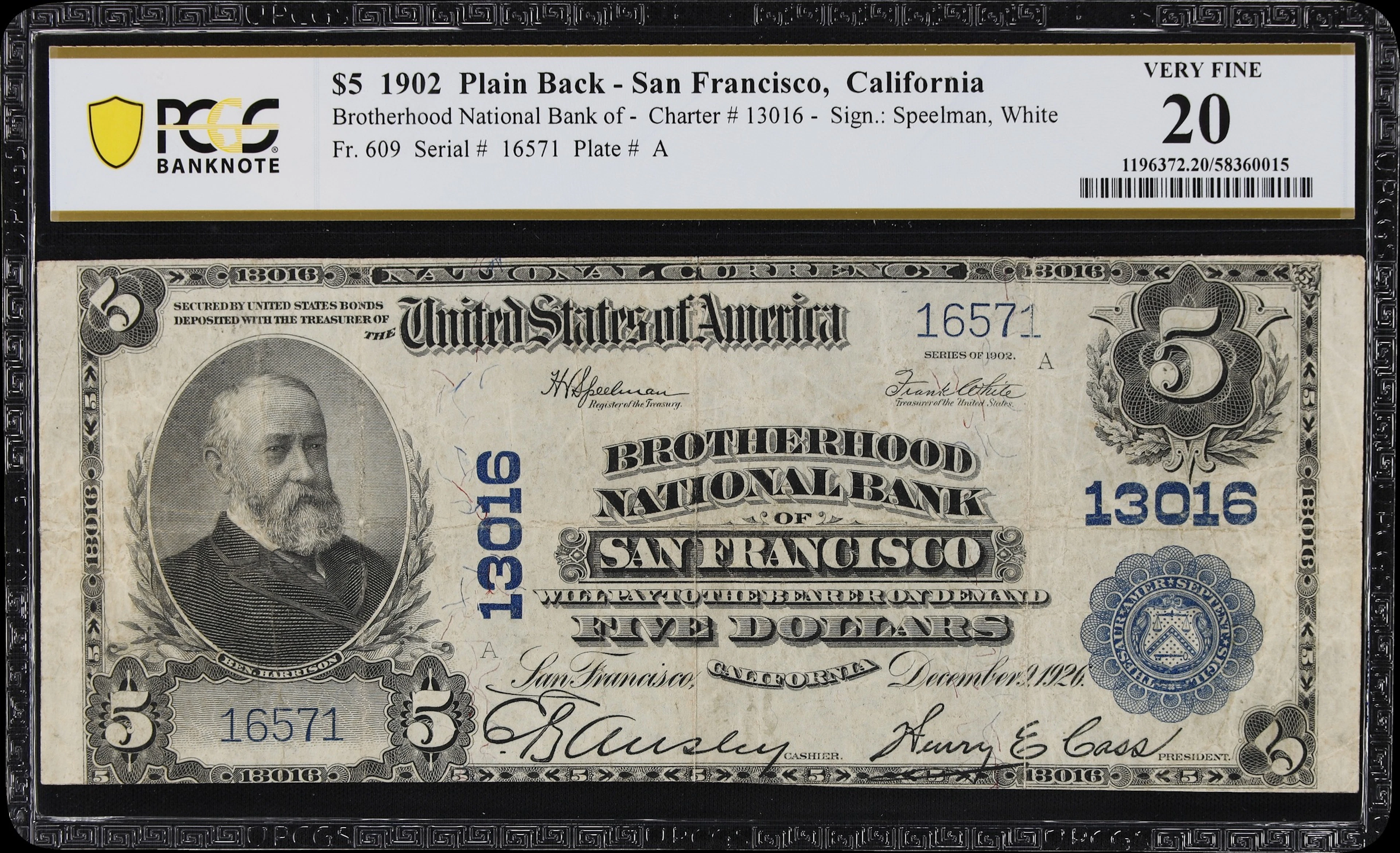 San Francisco, California. $5 1902 Plain Back. Fr. 609. Brotherhood