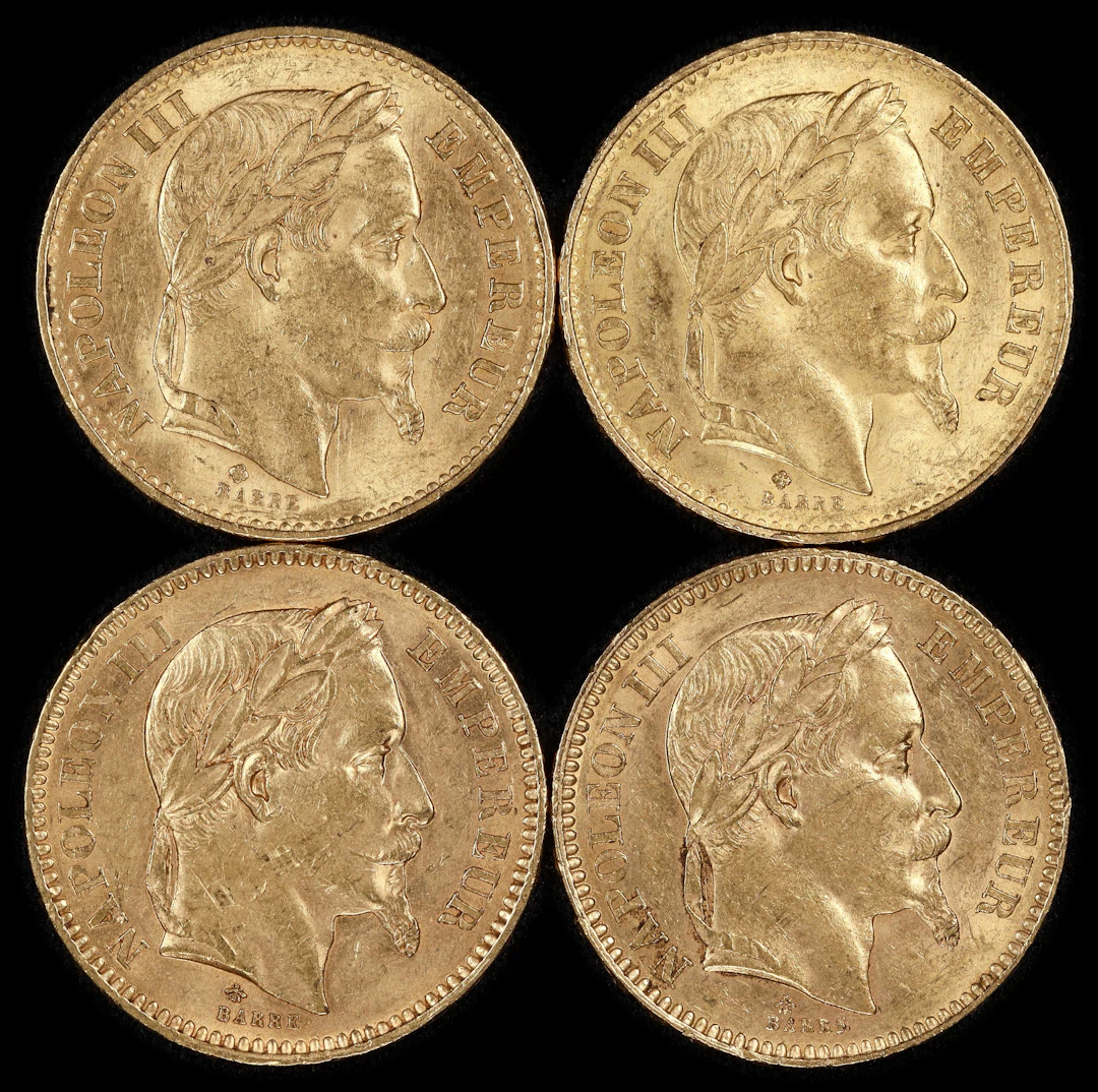 (0.748 oz, 23.266 g AGW). France. Lot of (4) Mixed Date Gold 20 Francs.