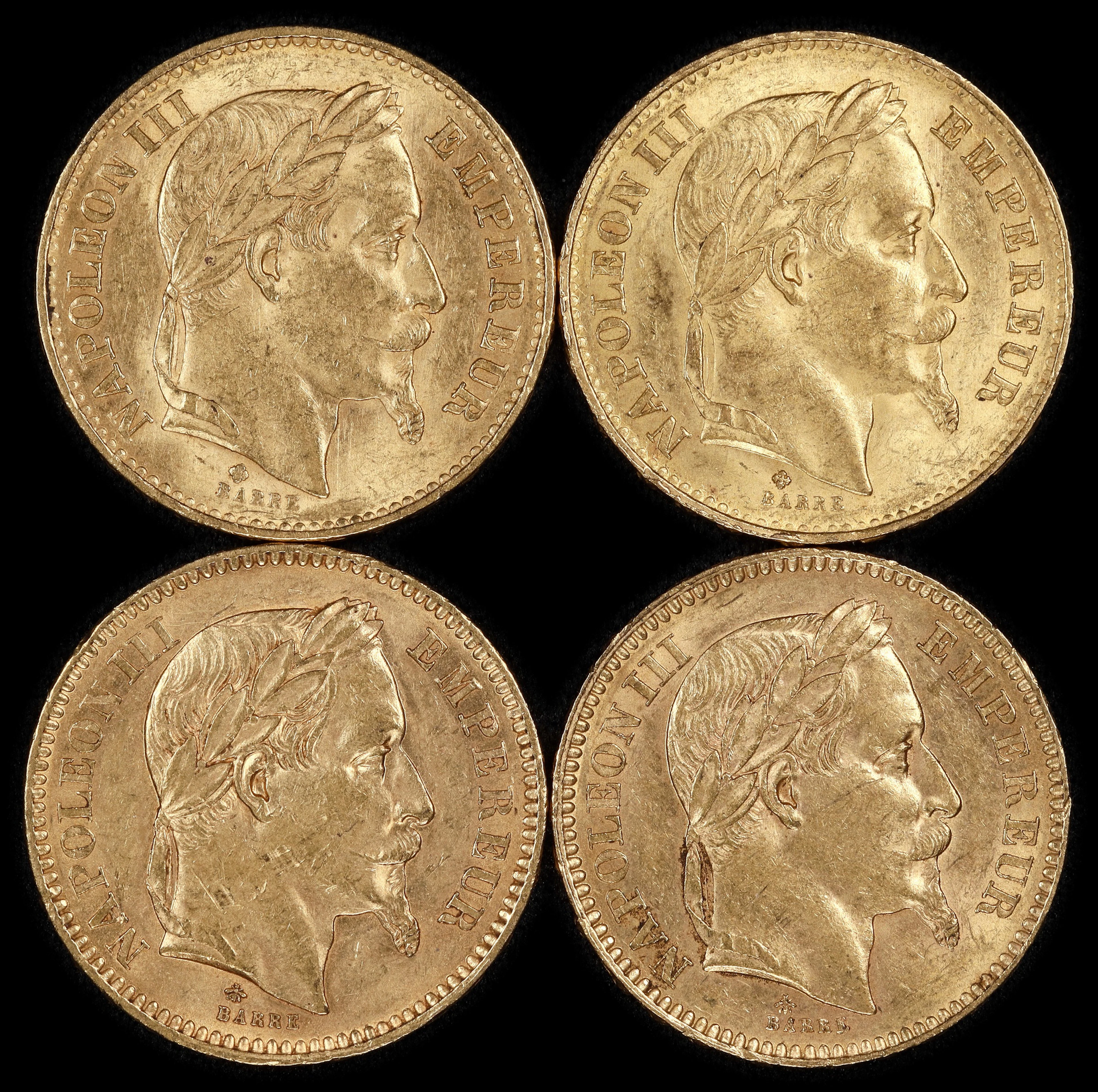 (0.748 oz, 23.266 g AGW). France. Lot of (4) Mixed Date Gold 20 Francs.