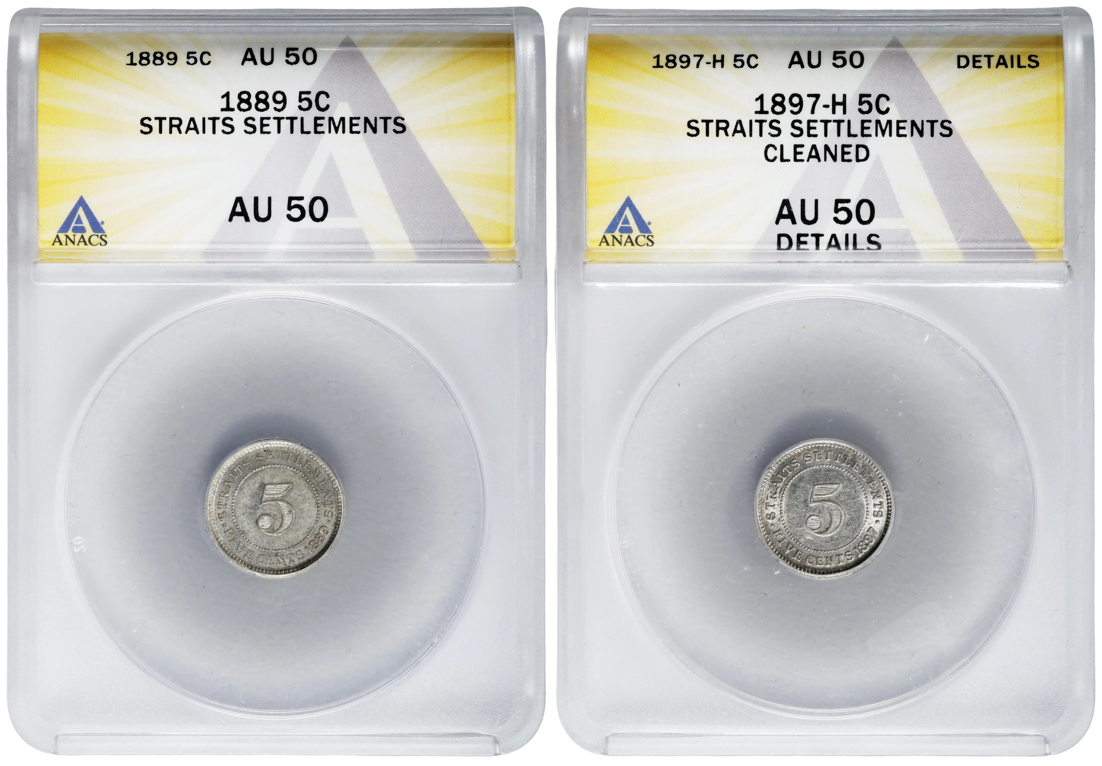 STRAITS SETTLEMENTS. Duo of 5 Cents (2 Pieces), 1889 & 1897. Victoria.
