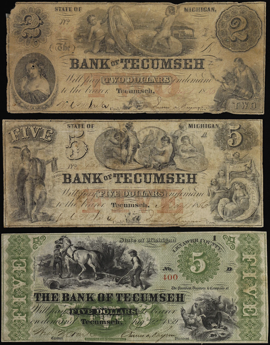 Lot of (3) Tecumseh, Michigan. Bank of Tecumseh. 1856-59 $2 & $5.