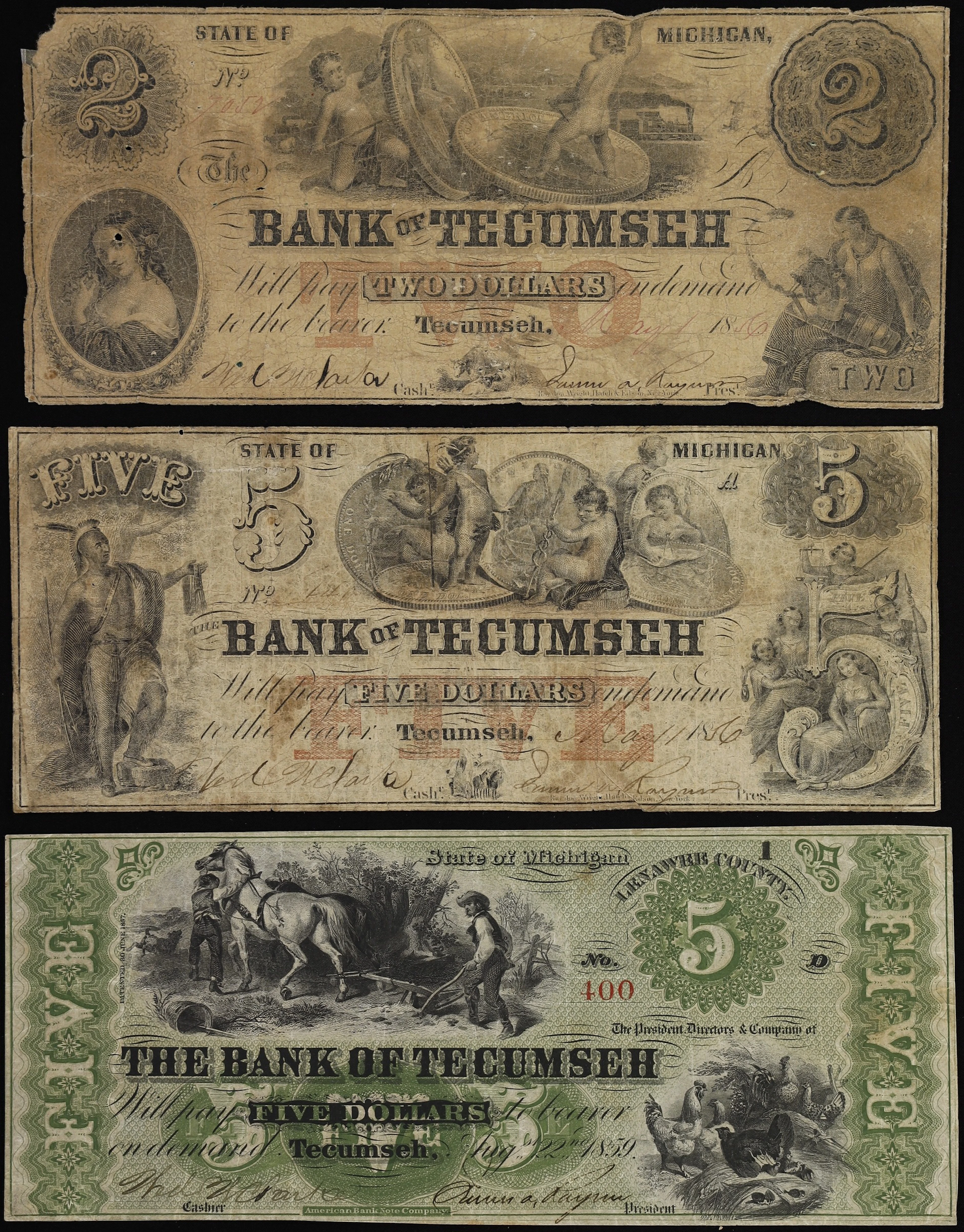 Lot of (3) Tecumseh, Michigan. Bank of Tecumseh. 1856-59 $2 & $5.