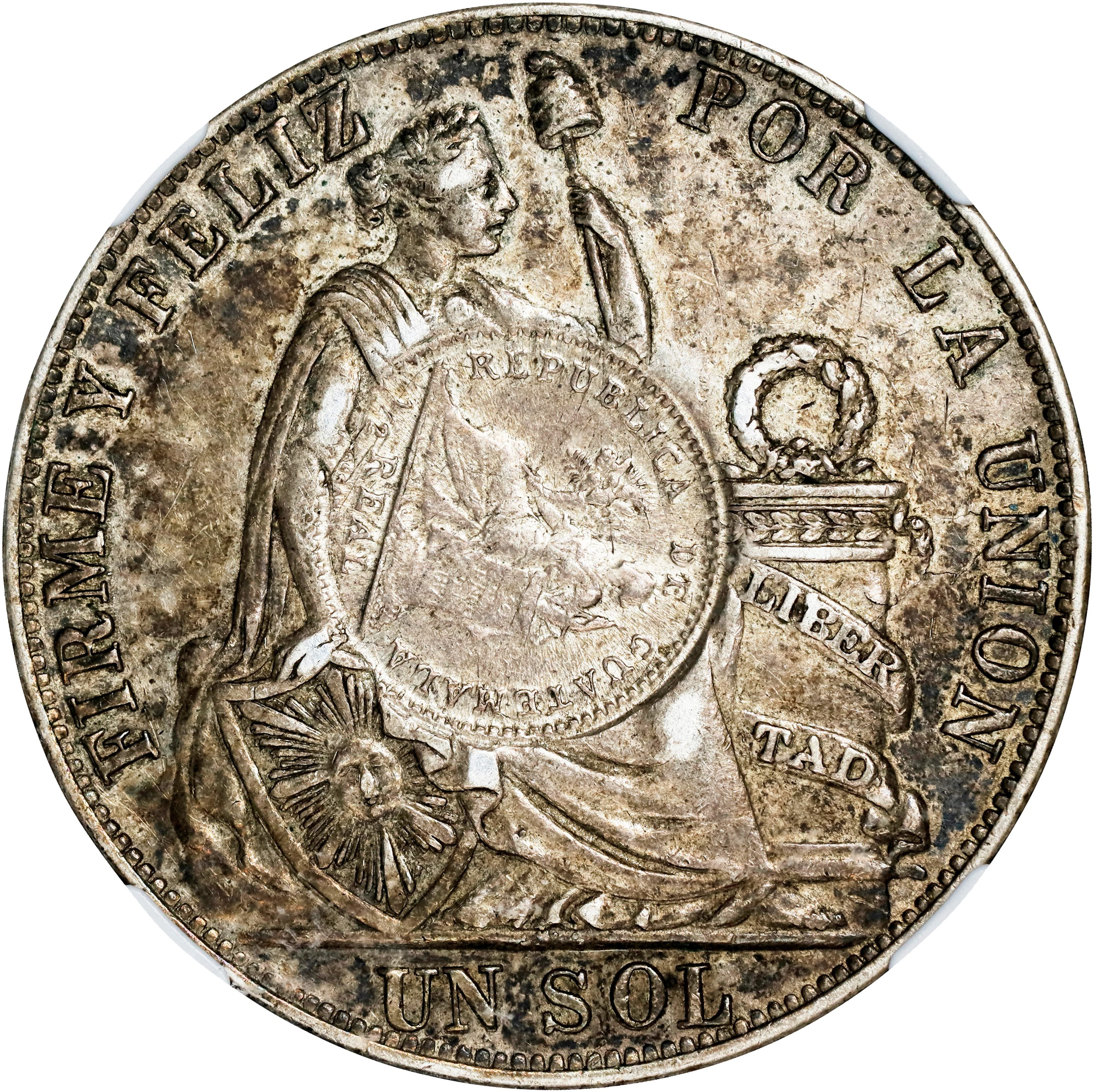 GUATEMALA. Guatemala - Peru. Peso, 1894. NGC AU-55; Countermark: AU Standard.
