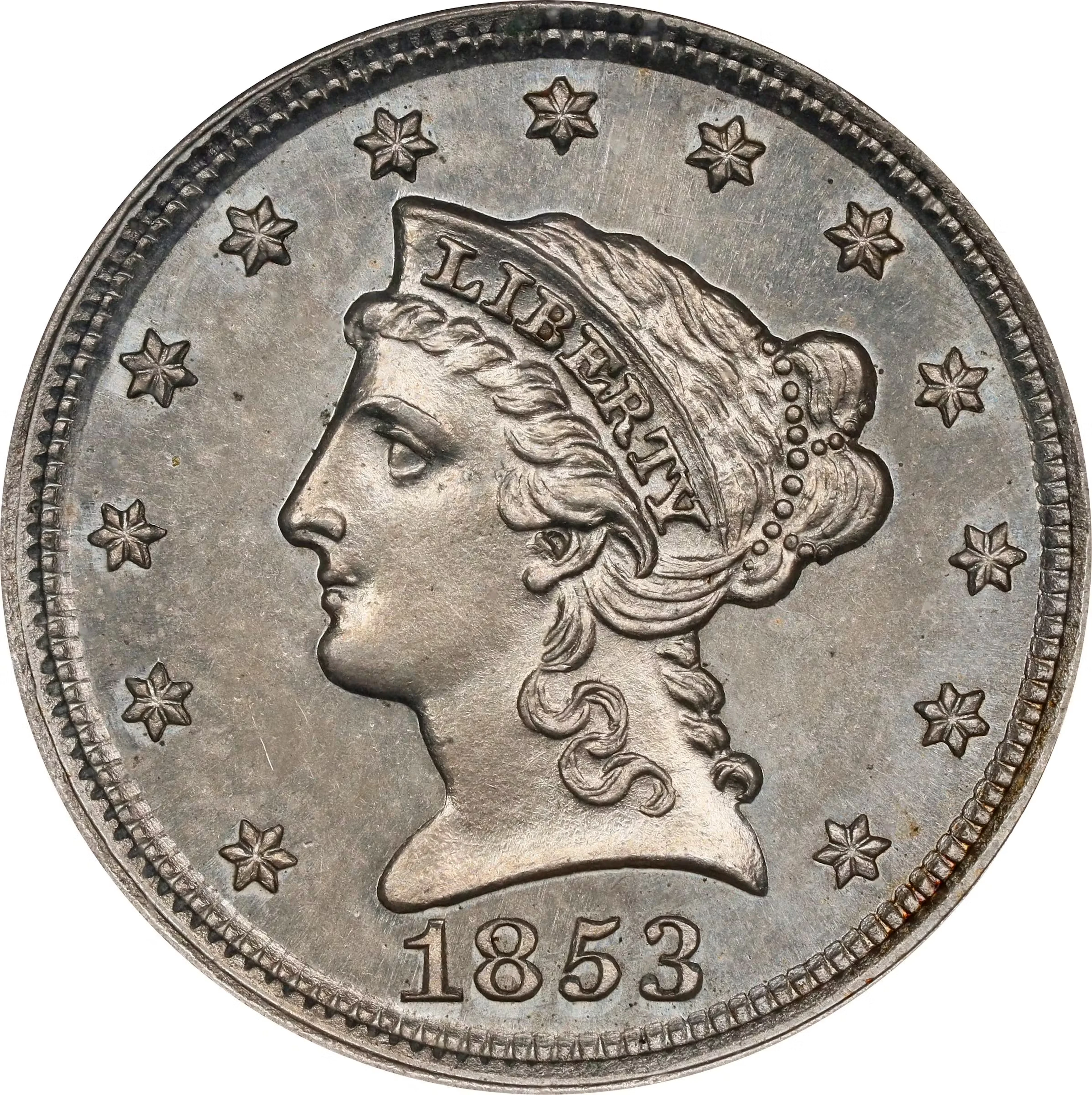 1853 Pattern Cent. Judd-151, Pollock-178. Rarity-6-. Copper-Nickel.