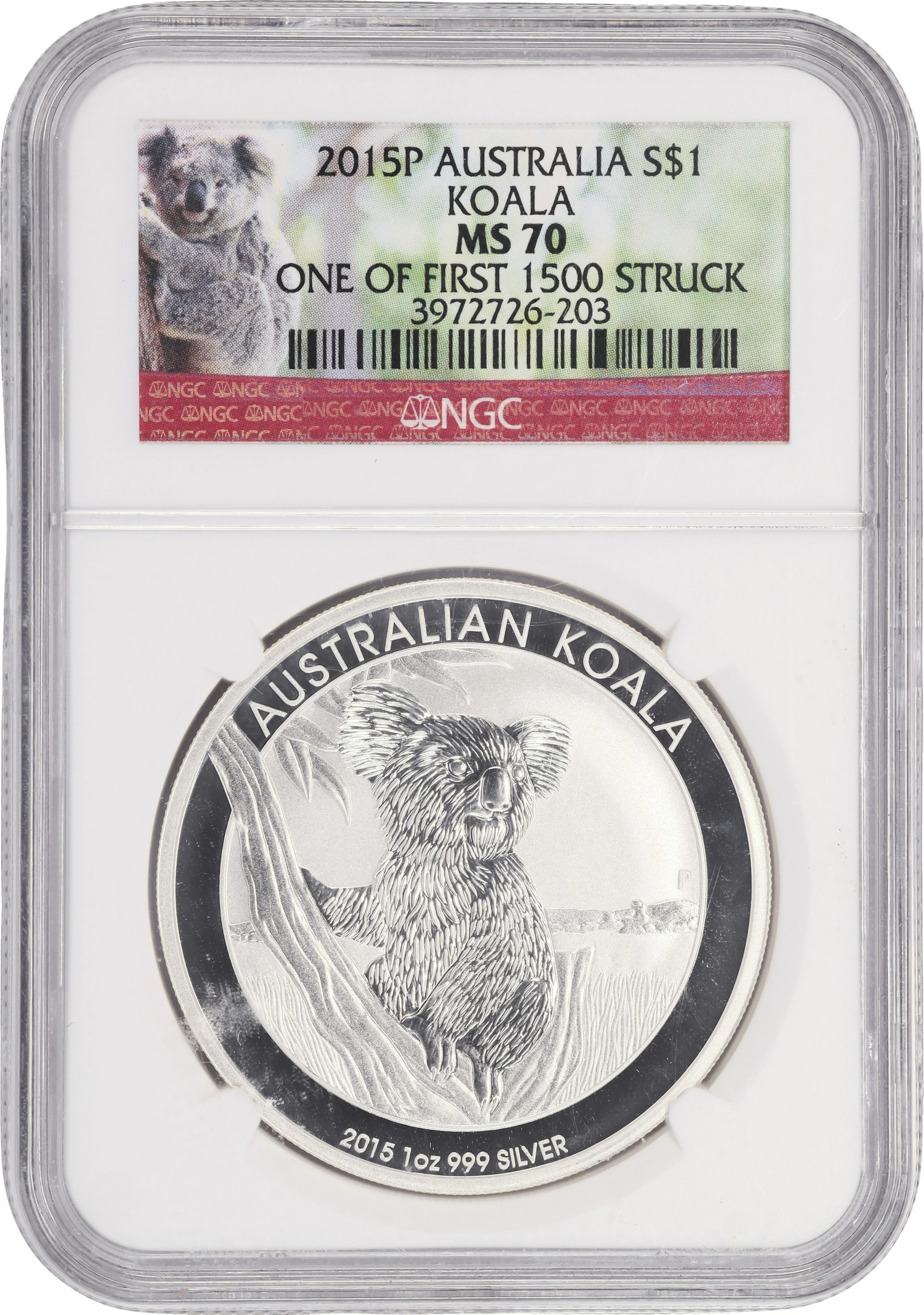 (1 oz, 31.104 g ASW). Australia. 2015-P 1 oz Silver Koala $1. MS-70 (NGC).