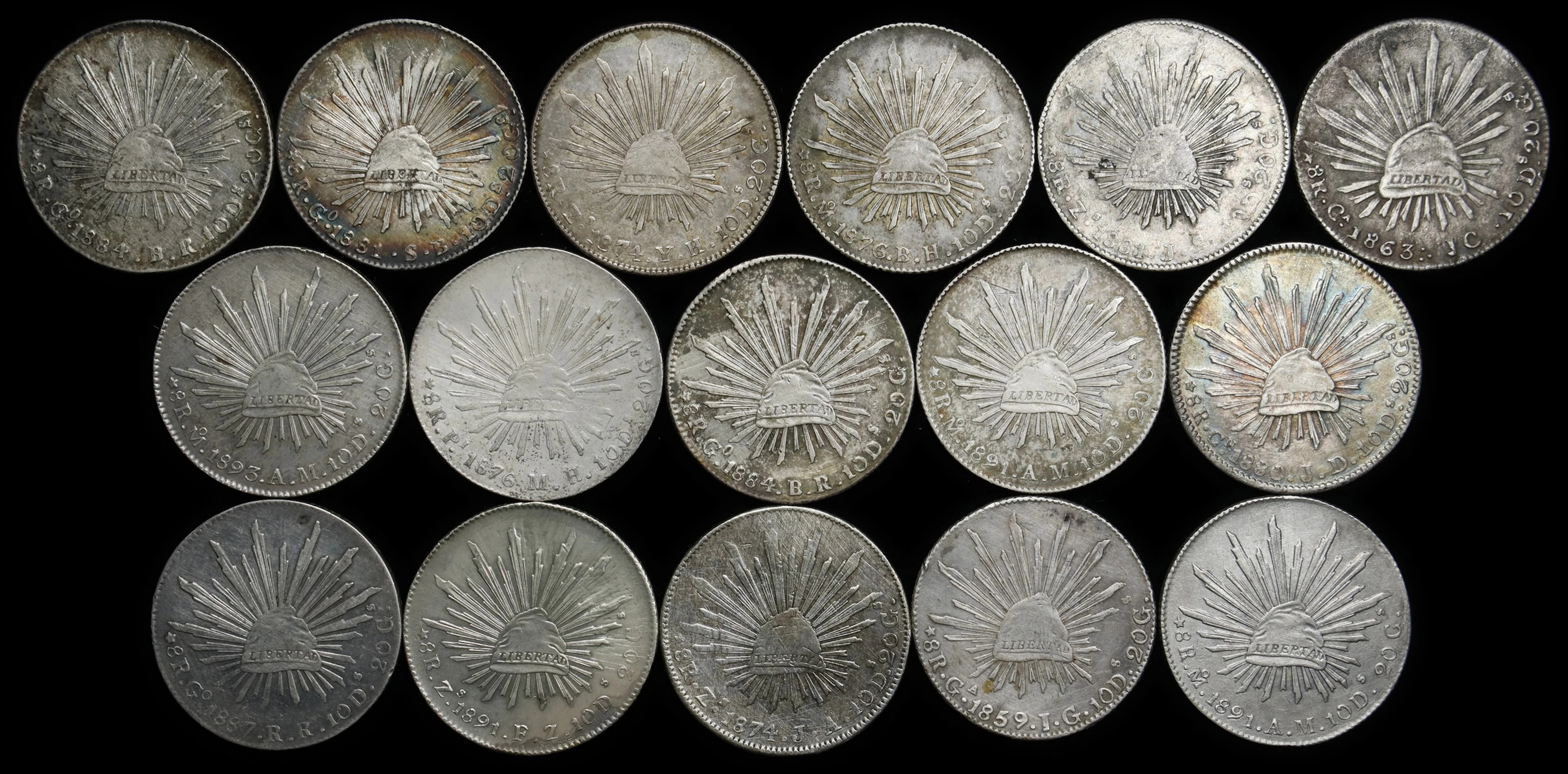 MEXICO. Group of 8 Reales (16 Pieces), 1859-93. Average Grade: EXTREMELY