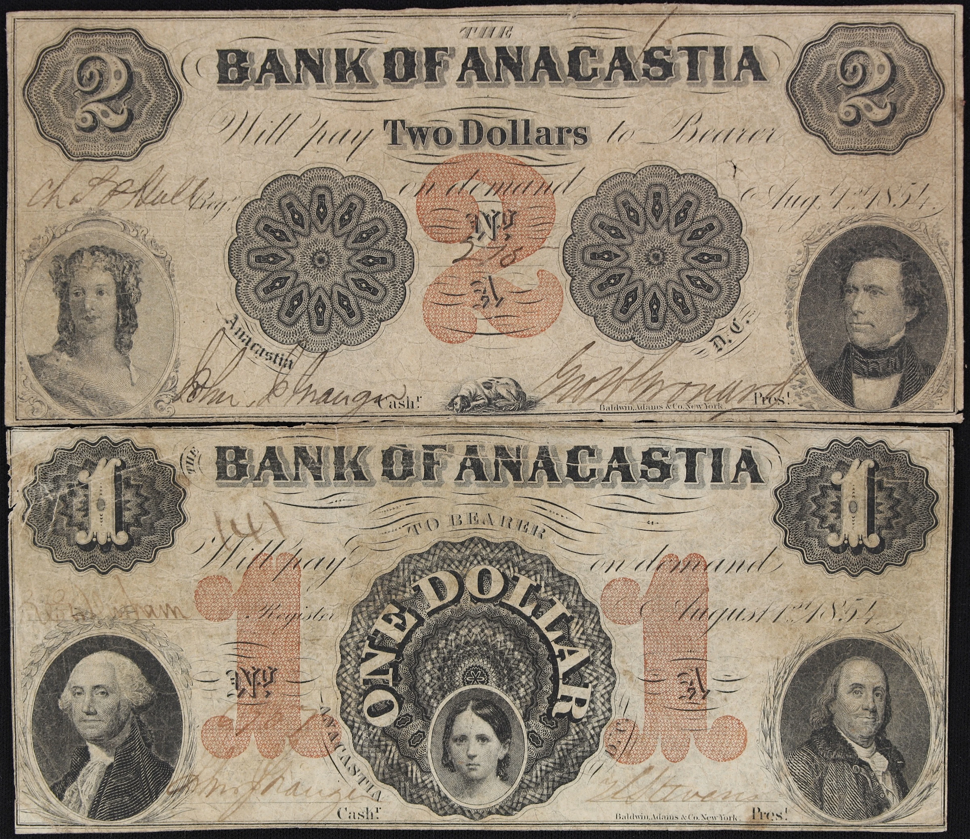 Anacastia, District of Columbia. Bank of Anacastia. 1854 $1 & $2.