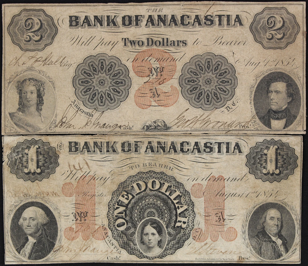 Anacastia, District of Columbia. Bank of Anacastia. 1854 $1 & $2.
