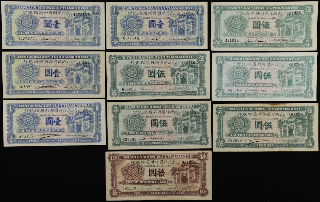 MACAU (SAR). Lot of (10). Banco Nacional Ultramarino. 1, 5, & 10 Patacas