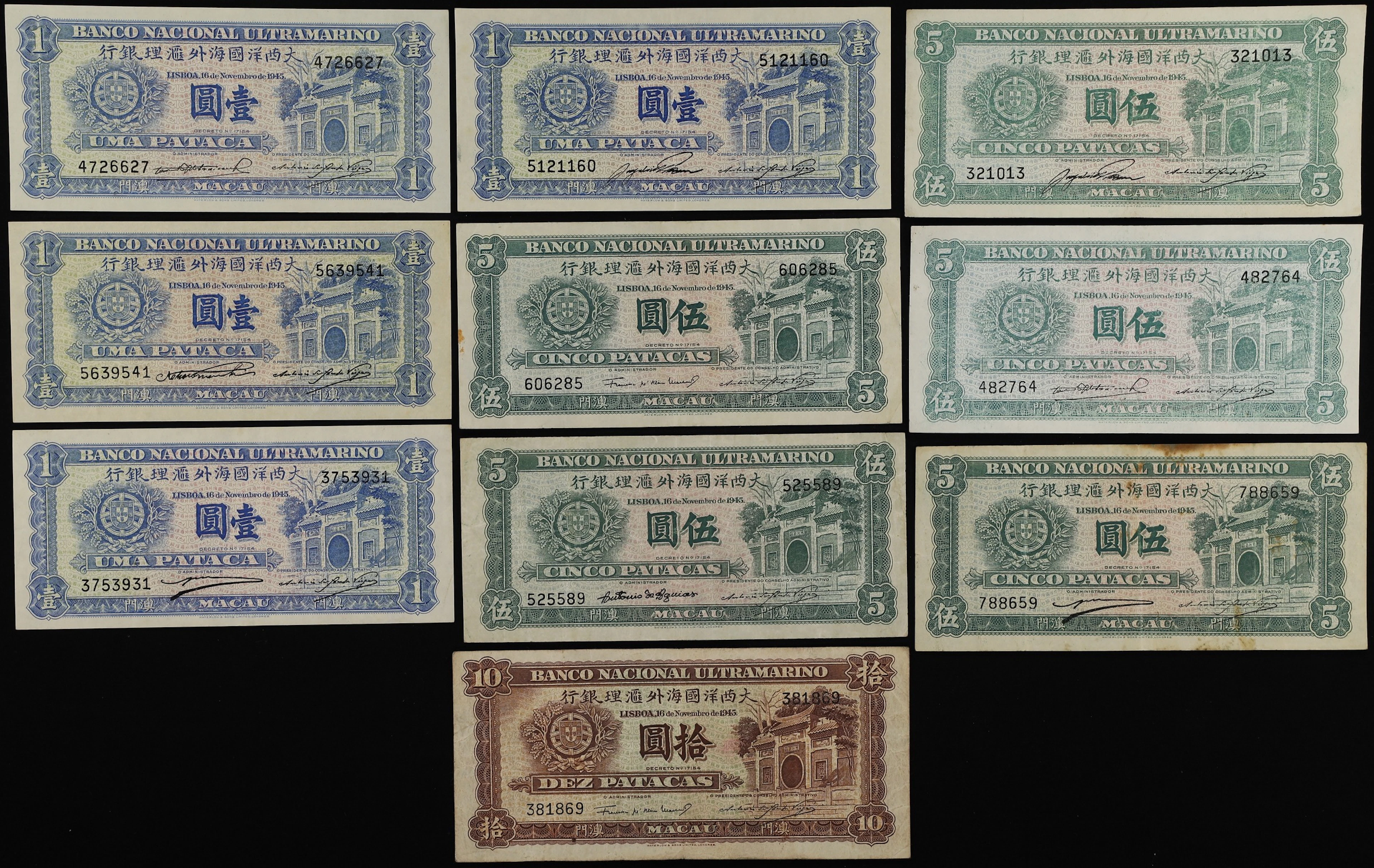 MACAU (SAR). Lot of (10). Banco Nacional Ultramarino. 1, 5, & 10 Patacas
