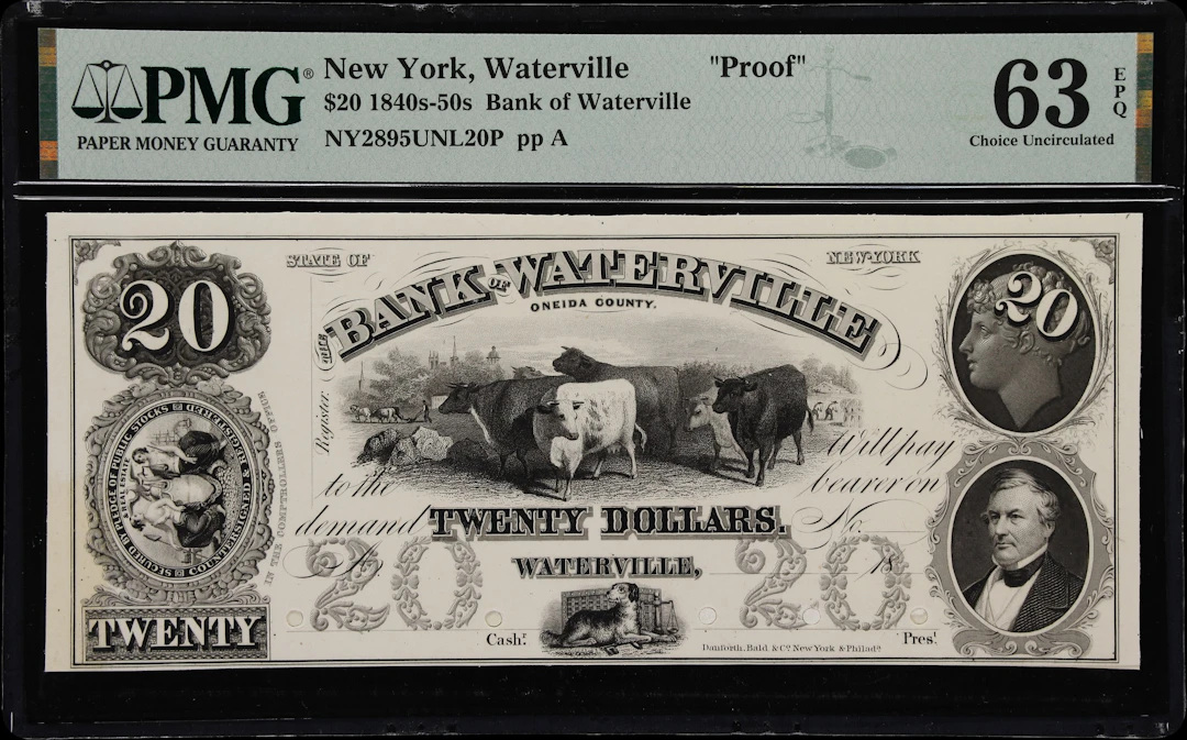 Waterville, New York. Bank of Waterville. 18xx $20. PMG Choice Uncirculated