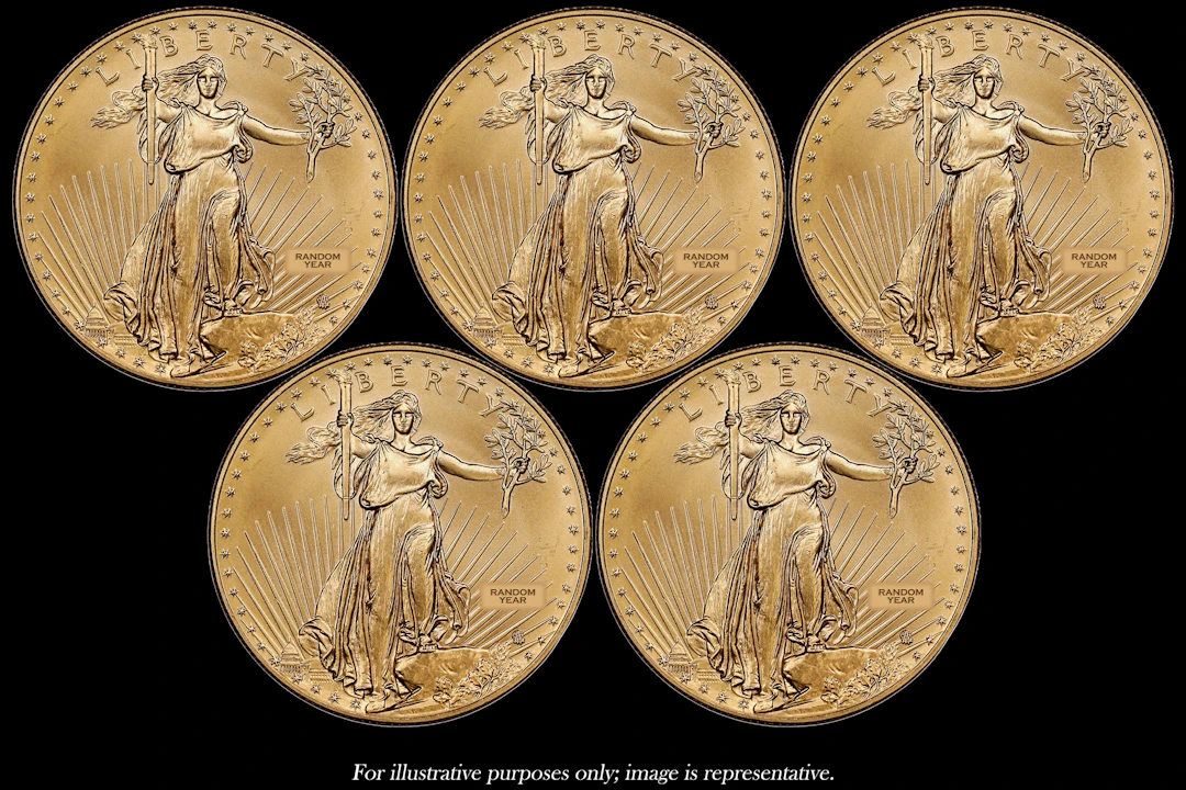 (5 oz, 155.52 g AGW). Lot of (5) American Gold Eagle $50.