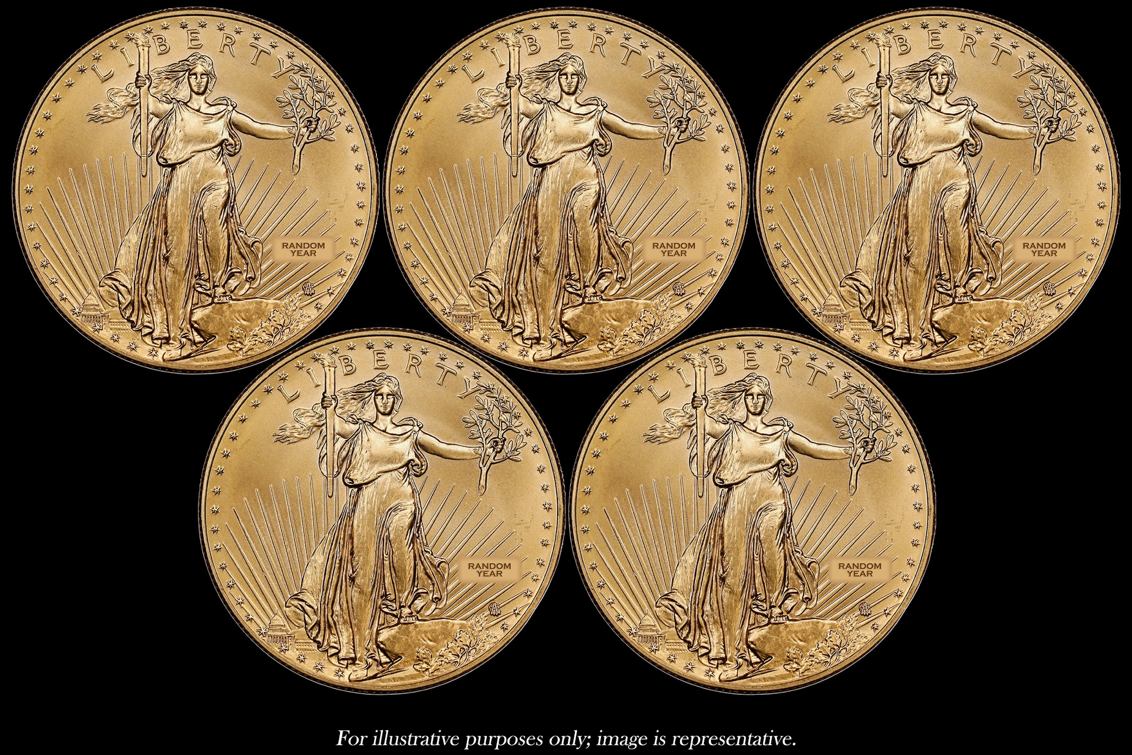 (5 oz, 155.52 g AGW). Lot of (5) American Gold Eagle $50.