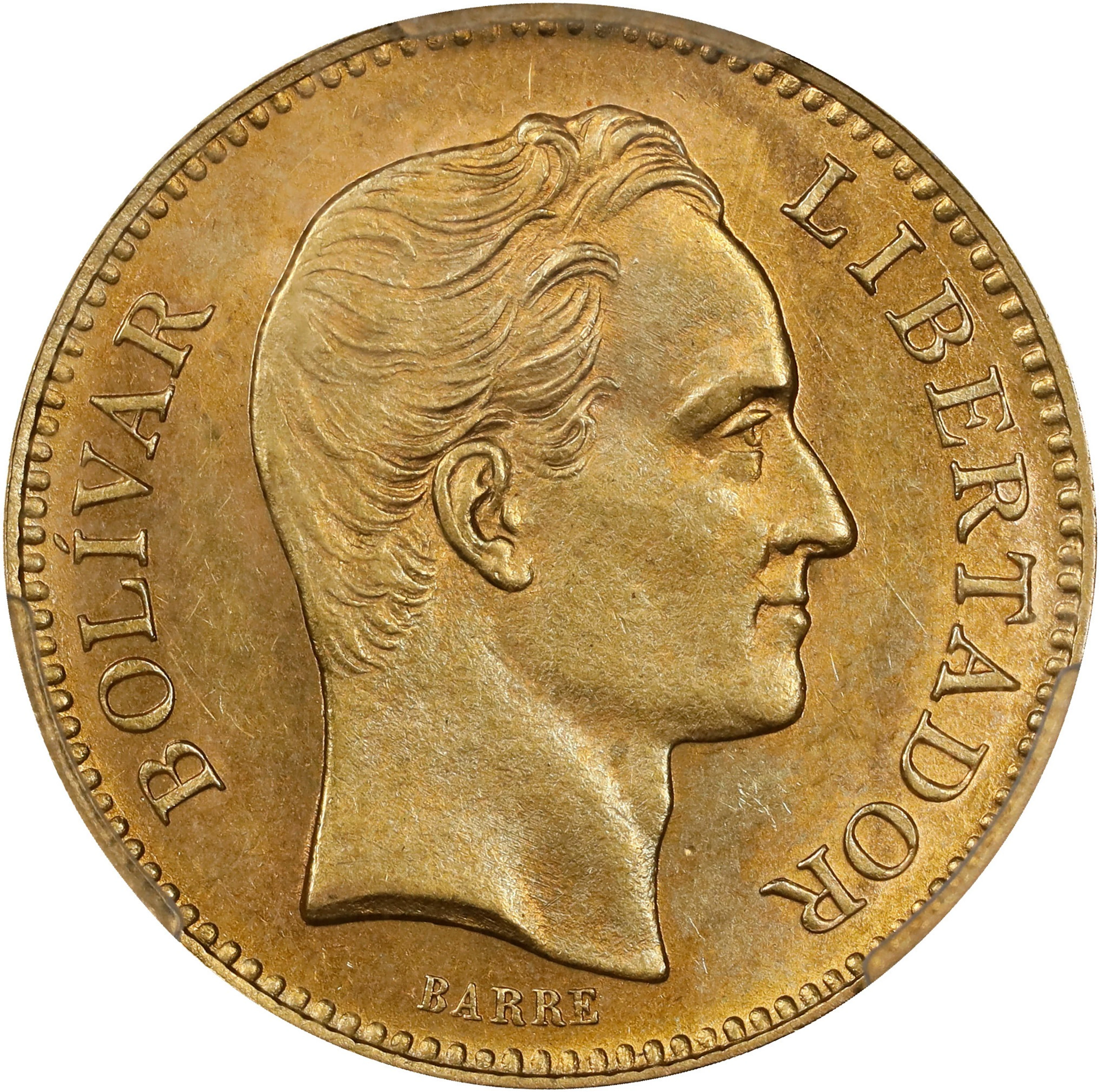 VENEZUELA. 20 Bolivares, 1880. Brussels Mint. PCGS MS-63.
