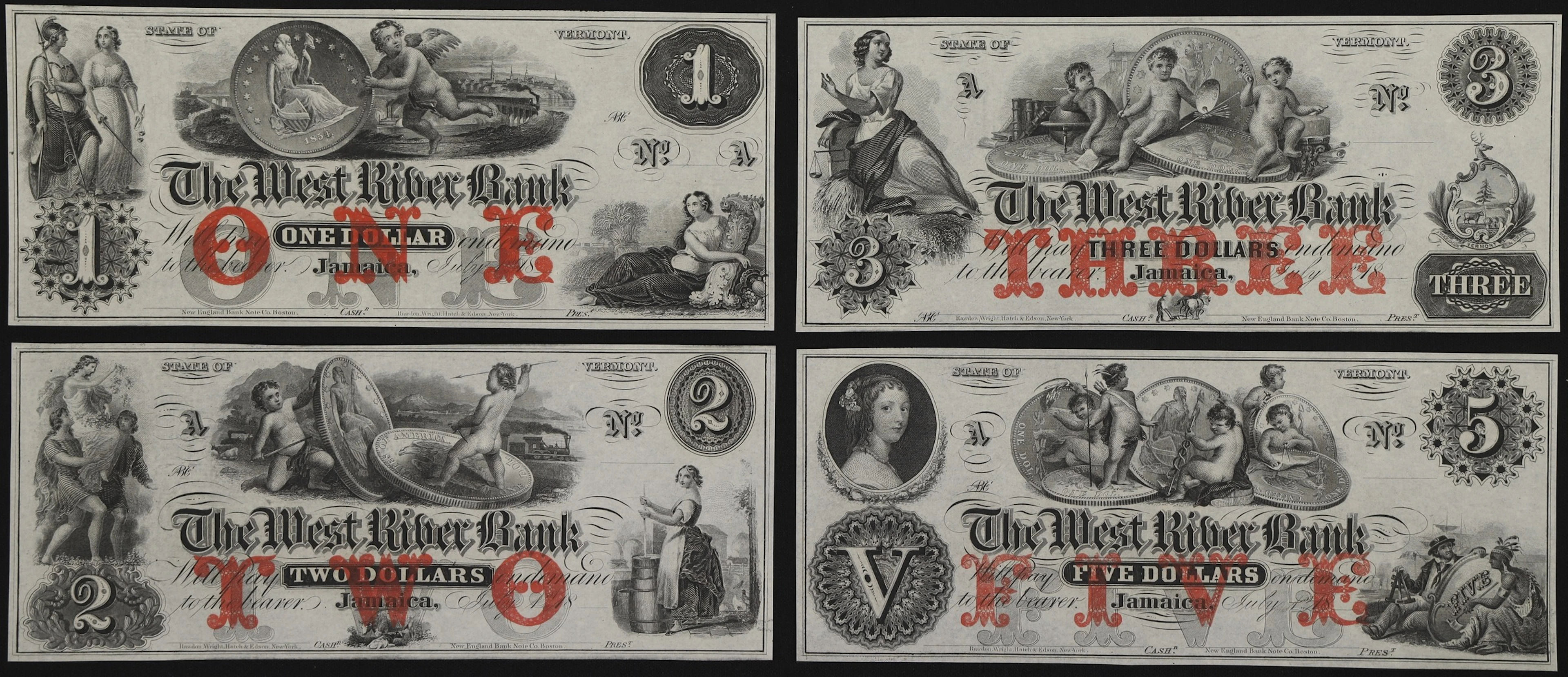 Lot of (4) Jamaica, Vermont. West River Bank. 18xx $1, $2, $3, & $5.