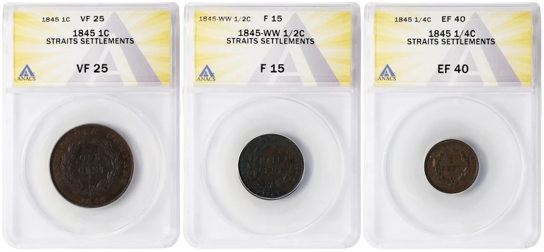 STRAITS SETTLEMENTS. Trio of Copper Minors (3 Pieces), 1845. Victoria.
