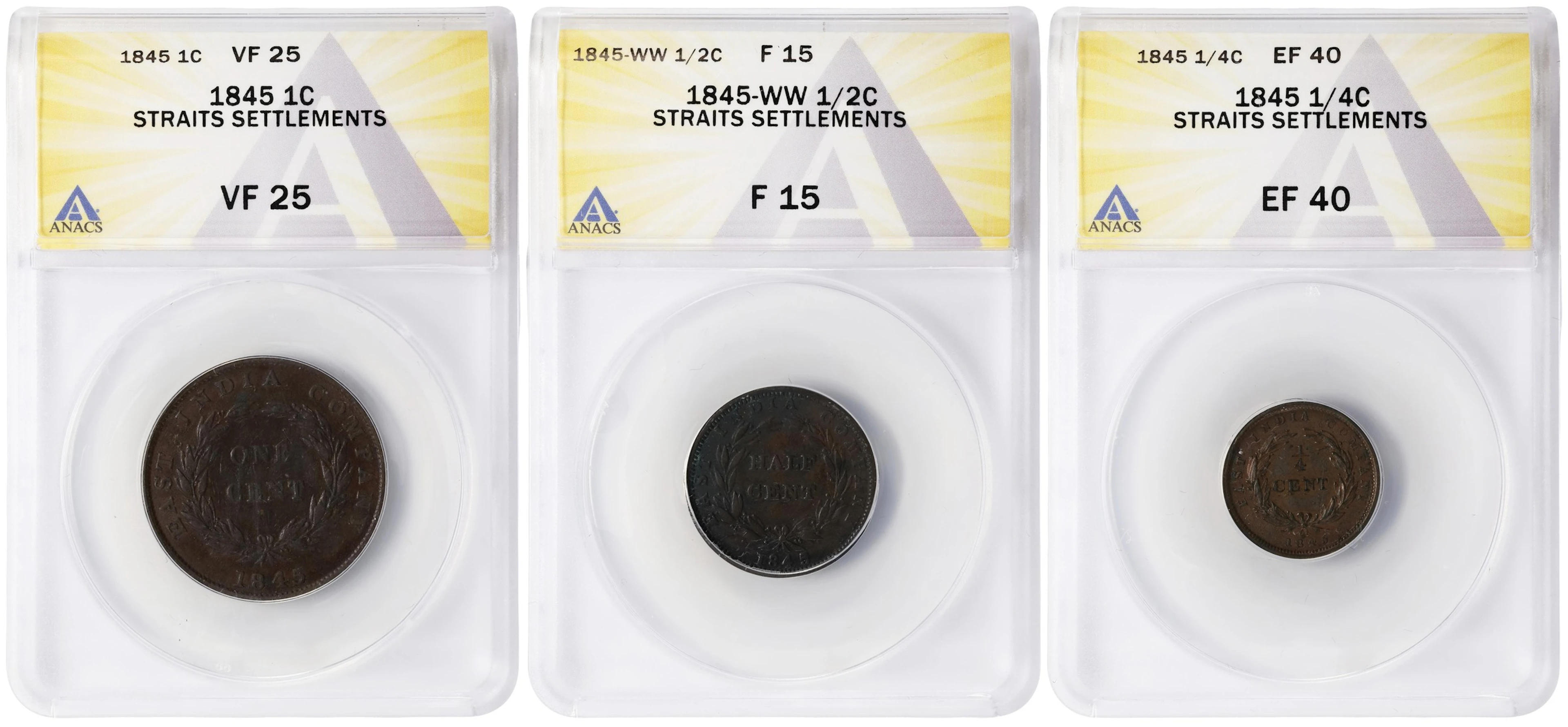 STRAITS SETTLEMENTS. Trio of Copper Minors (3 Pieces), 1845. Victoria.