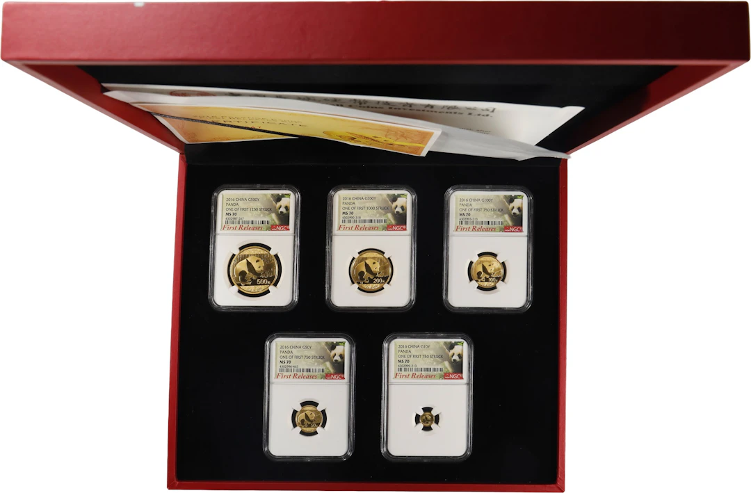 (1.833 oz, 57 g AGW). China. 2016 Prestige Gold Panda Five-Piece Set.