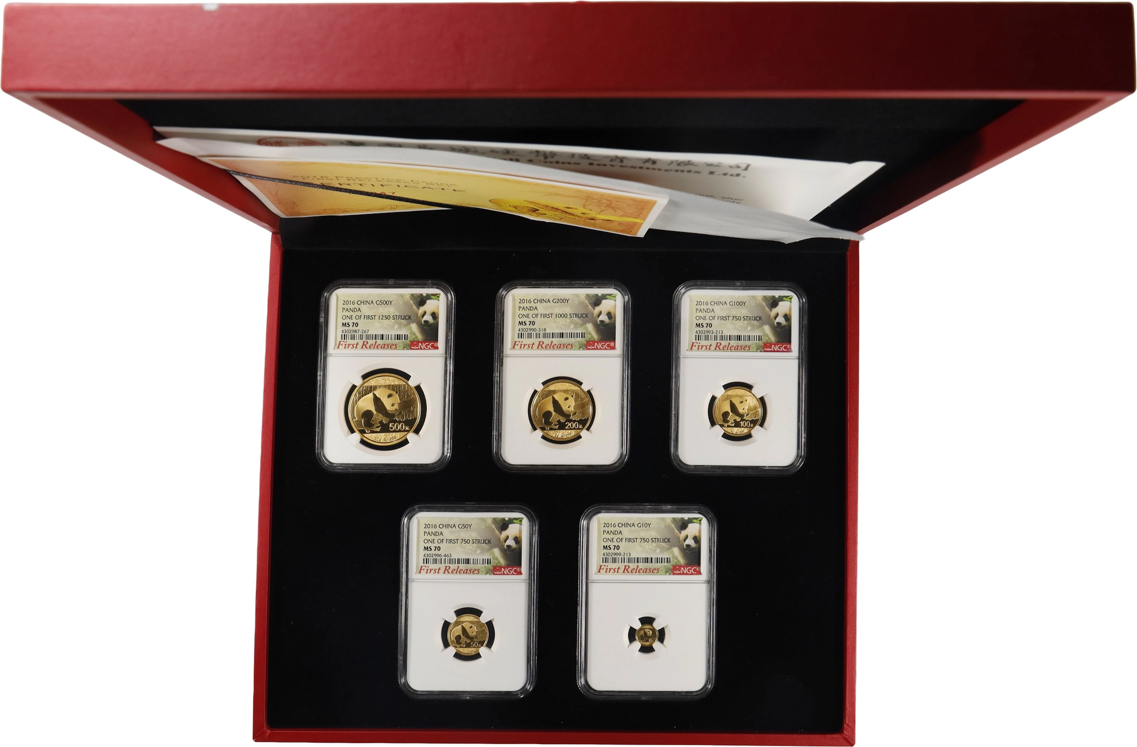 (1.833 oz, 57 g AGW). China. 2016 Prestige Gold Panda Five-Piece Set.