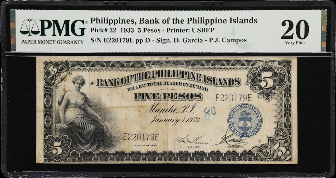 PHILIPPINES. Bank of the Philippine Islands. 5 Pesos, 1.1.1933. P-22.
