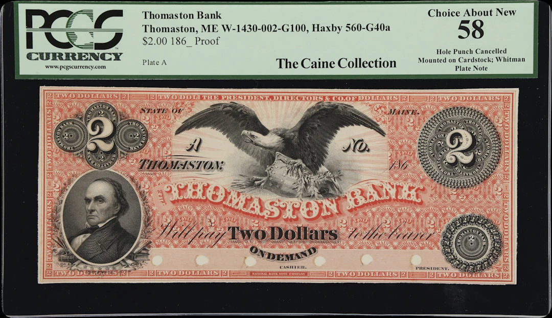 Thomaston, Maine. Thomaston Bank. 186x $2. PCGS Currency Choice About