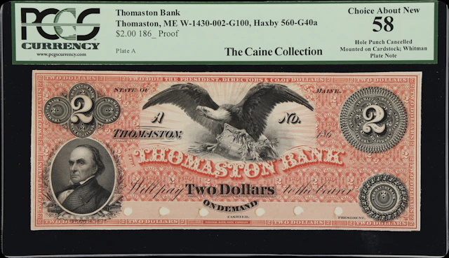 Thomaston, Maine. Thomaston Bank. 186x $2. PCGS Currency Choice About