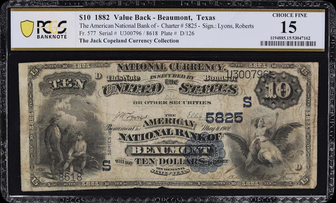 Beaumont, Texas. $10 1882 Value Back. Fr. 577. American NB. Charter