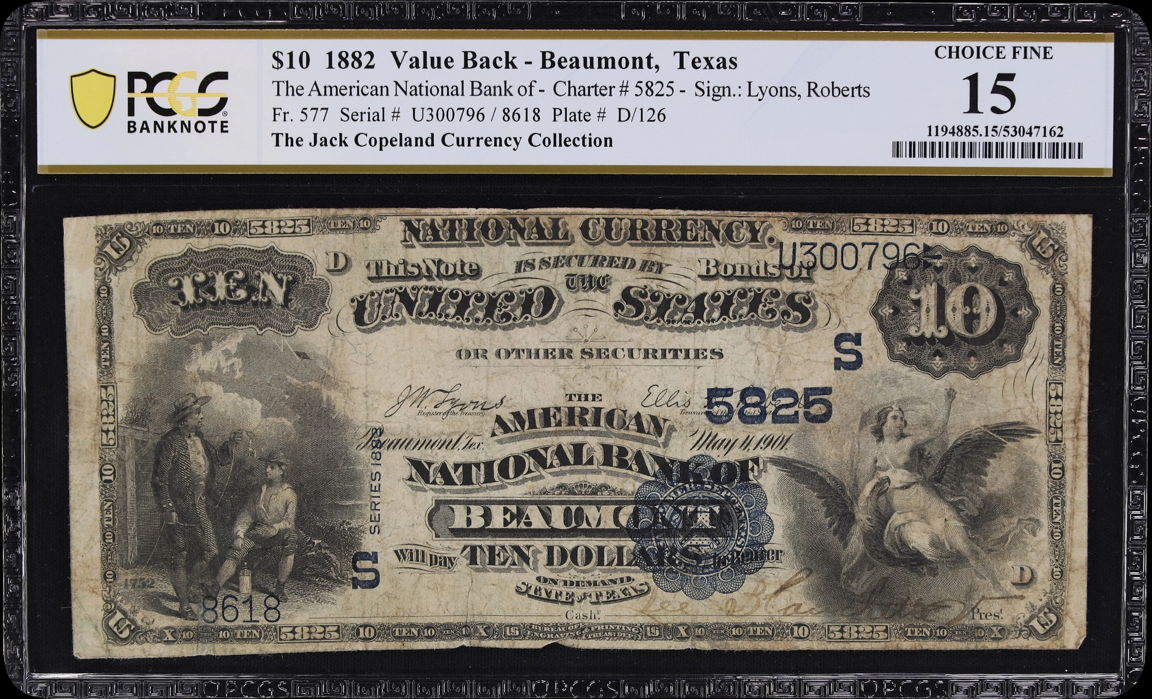Beaumont, Texas. $10 1882 Value Back. Fr. 577. American NB. Charter