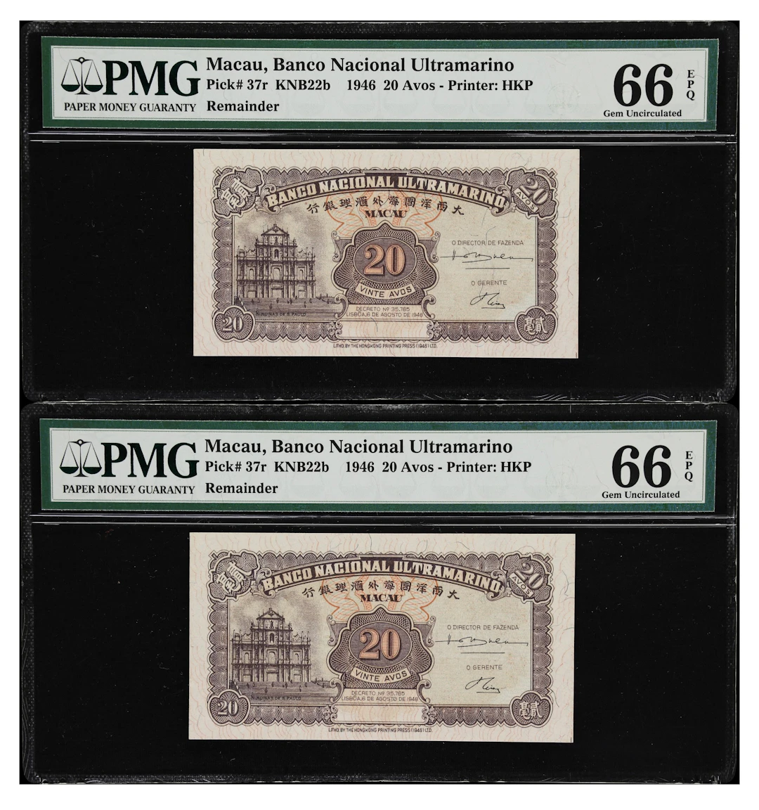MACAU (SAR). Lot of (2). Banco Nacional Ultramarino. 20 Avos, 6.8.1946.