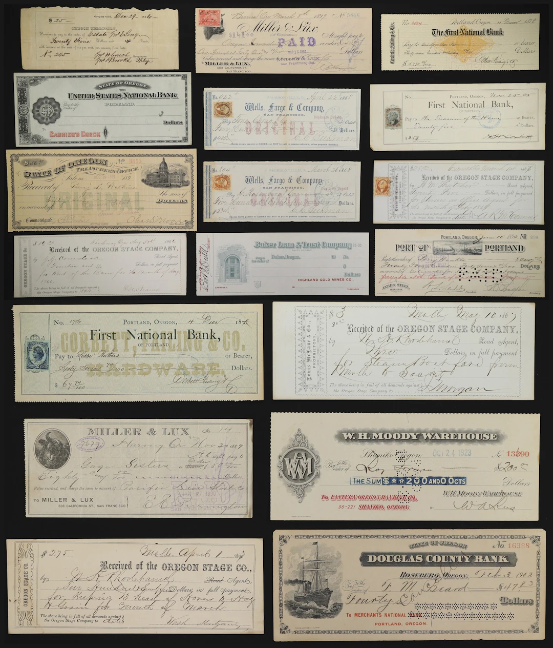 Lot of (18) Oregon Mixed Checks & Drafts. Mixed Denominations.