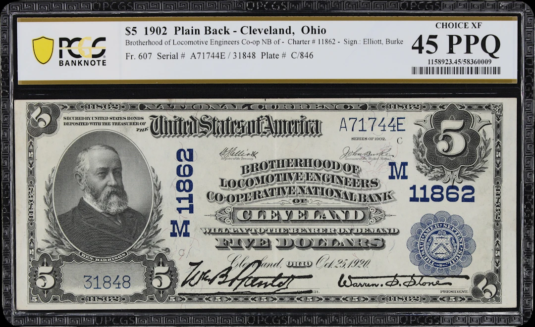 Cleveland, Ohio. $5 1902 Plain Back. Fr. 607. Brotherhood of Locomotive