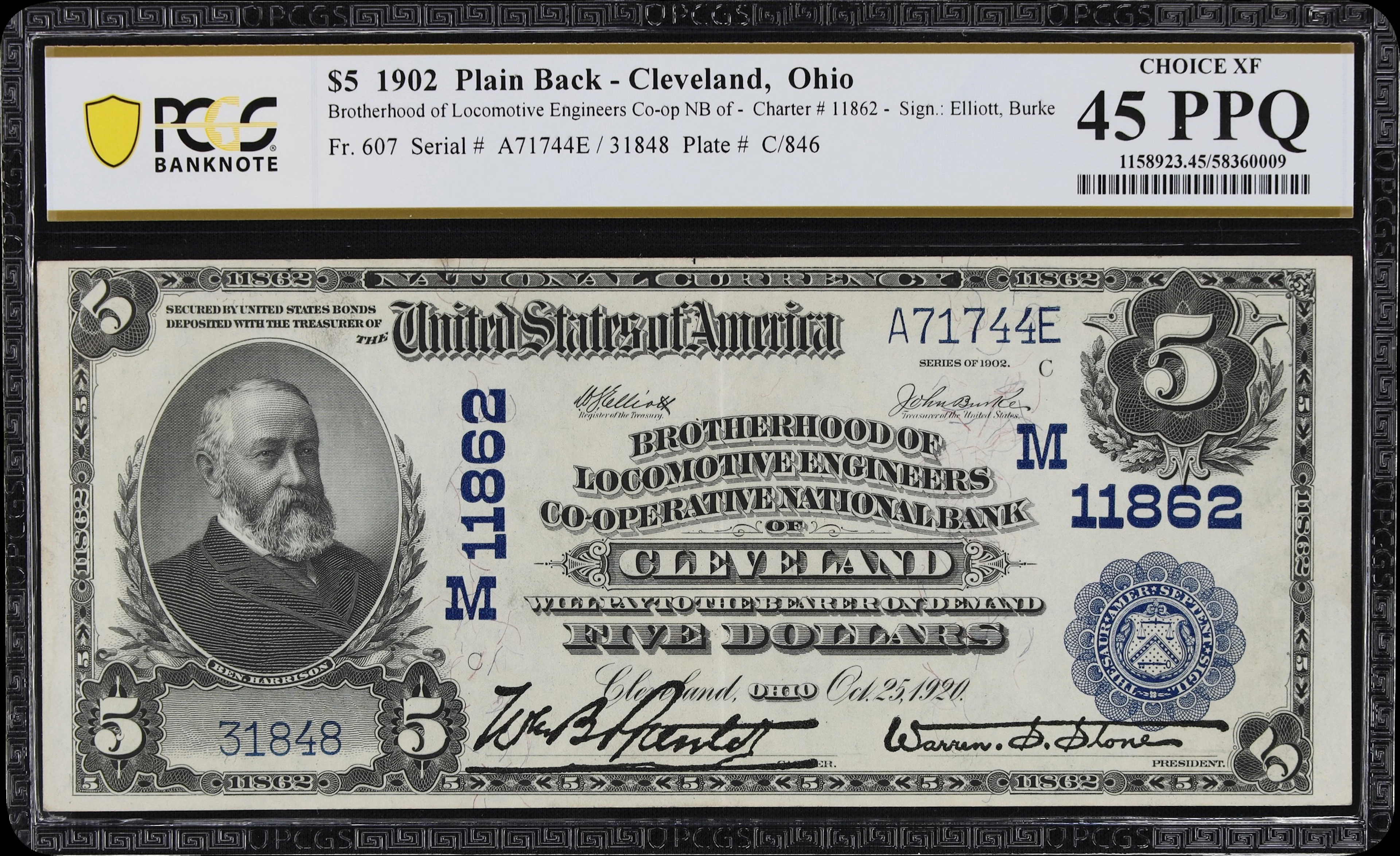 Cleveland, Ohio. $5 1902 Plain Back. Fr. 607. Brotherhood of Locomotive