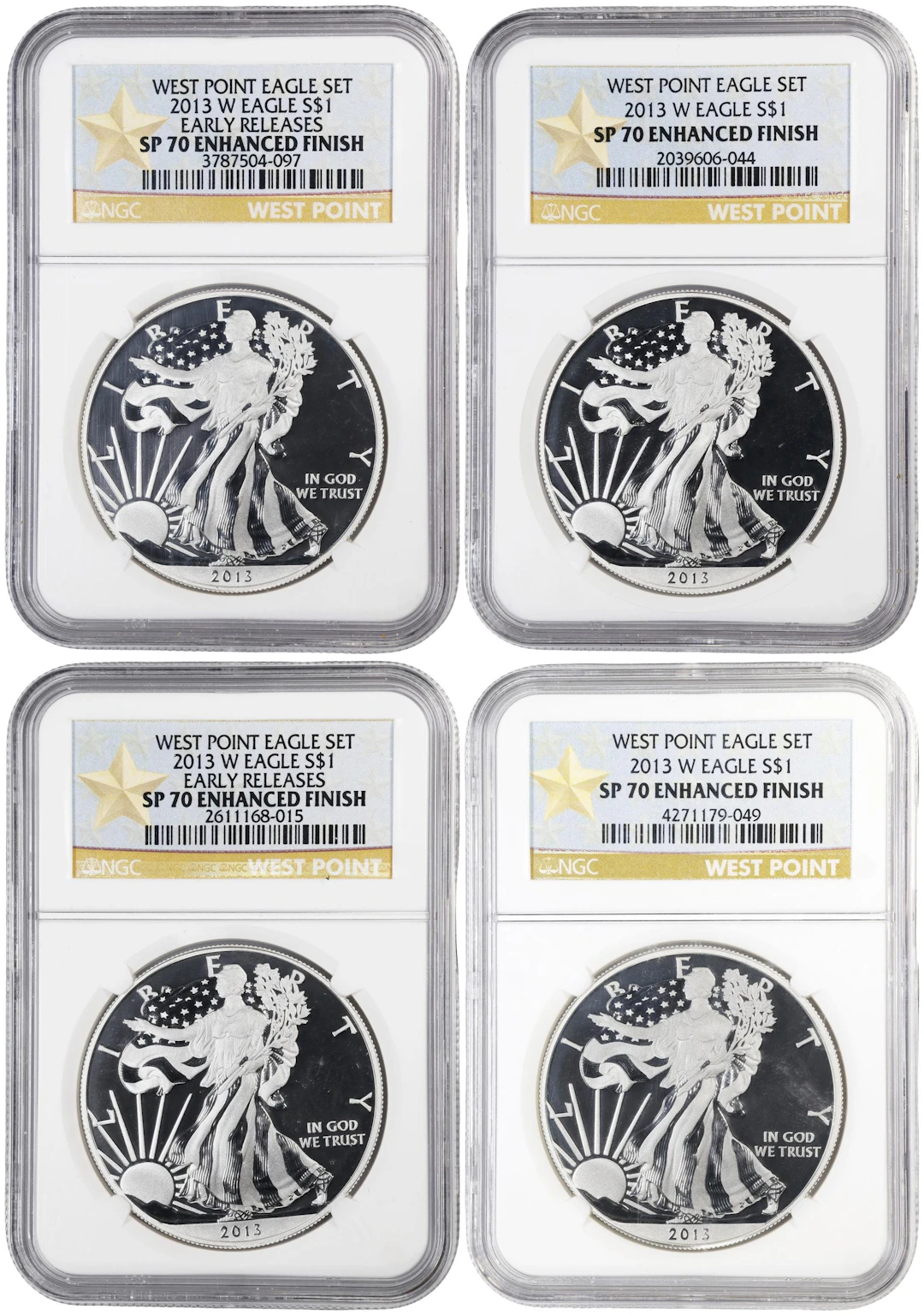 (4 oz, 124.416 g ASW). Lot of (4) 2013-W American Silver Eagles. SP-70