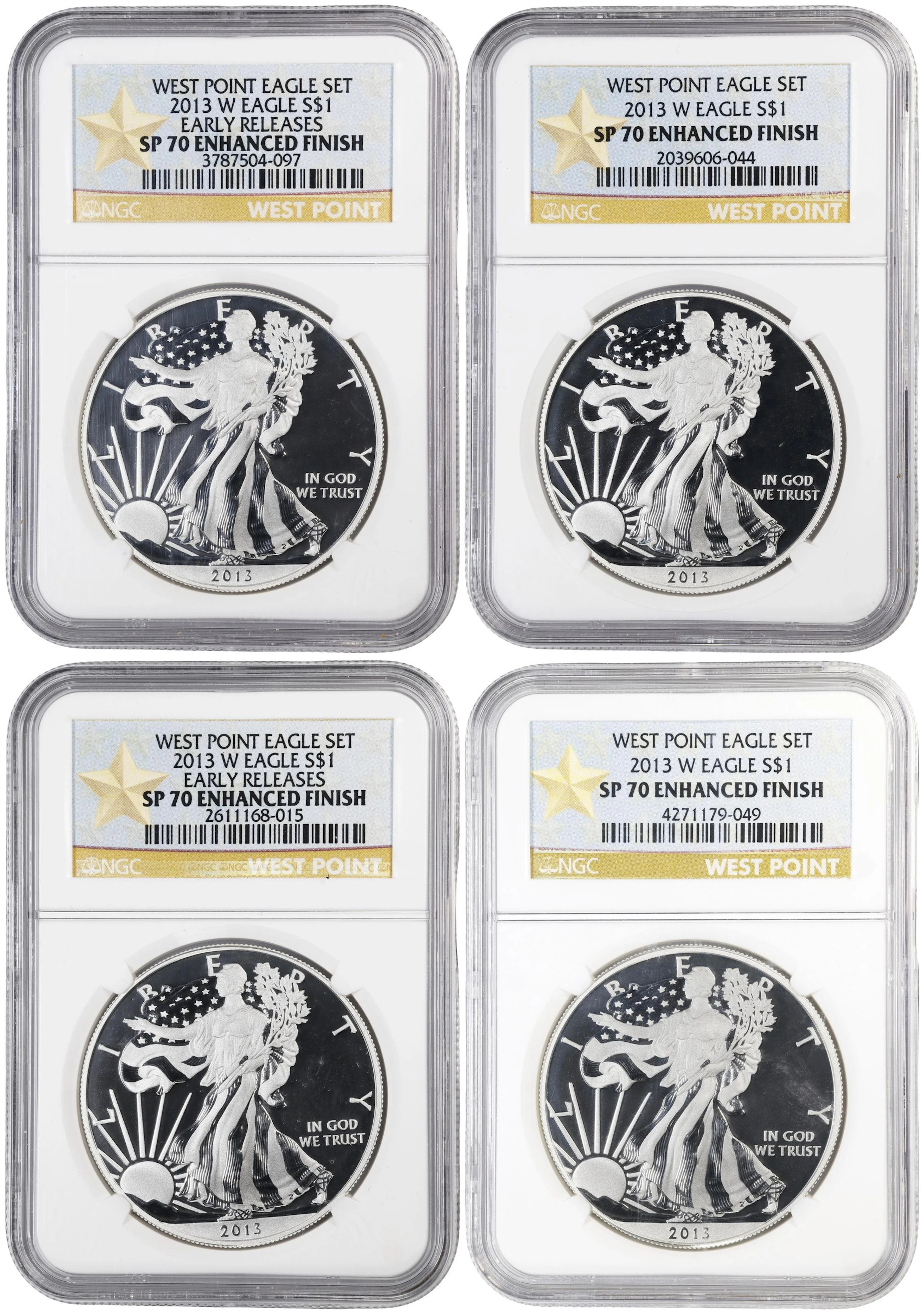 (4 oz, 124.416 g ASW). Lot of (4) 2013-W American Silver Eagles. SP-70