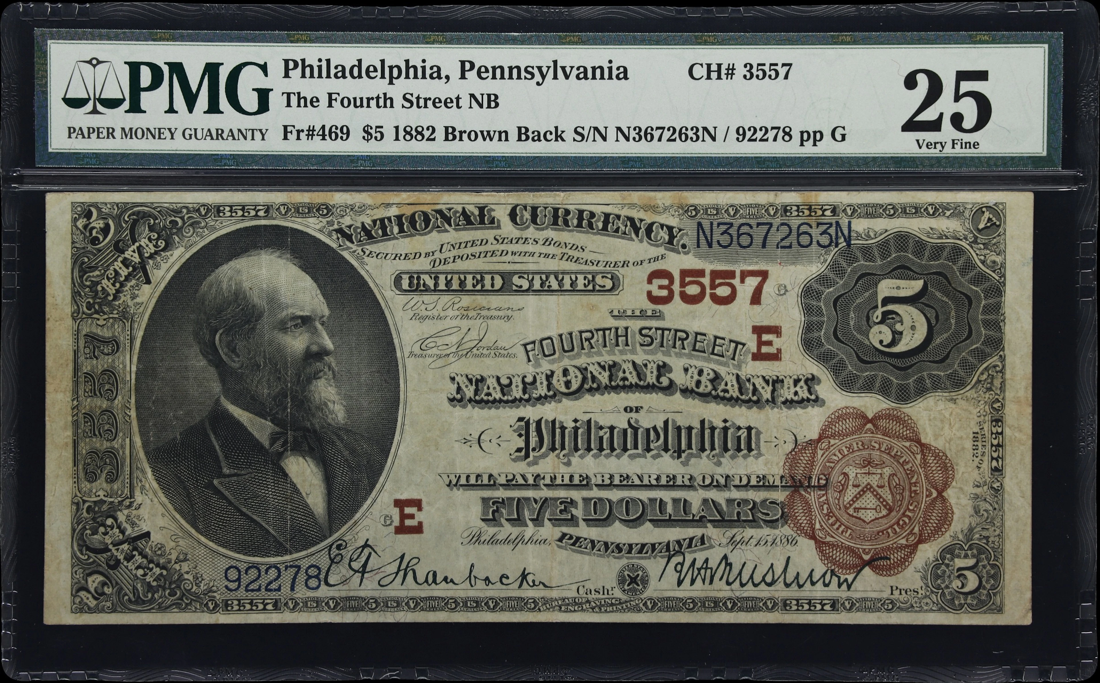 Philadelphia, Pennsylvania. $5 1882 Brown Back. Fr. 469. Fourth Street