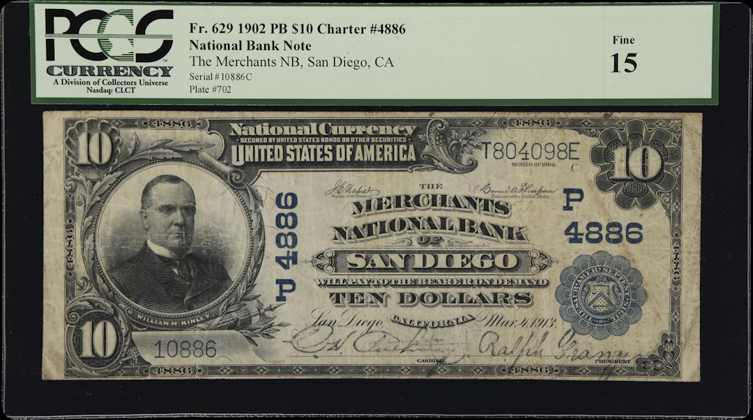 San Diego, California. $10 1902 Plain Back. Fr. 629. Merchants NB.