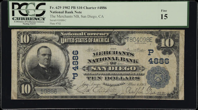San Diego, California. $10 1902 Plain Back. Fr. 629. Merchants NB.