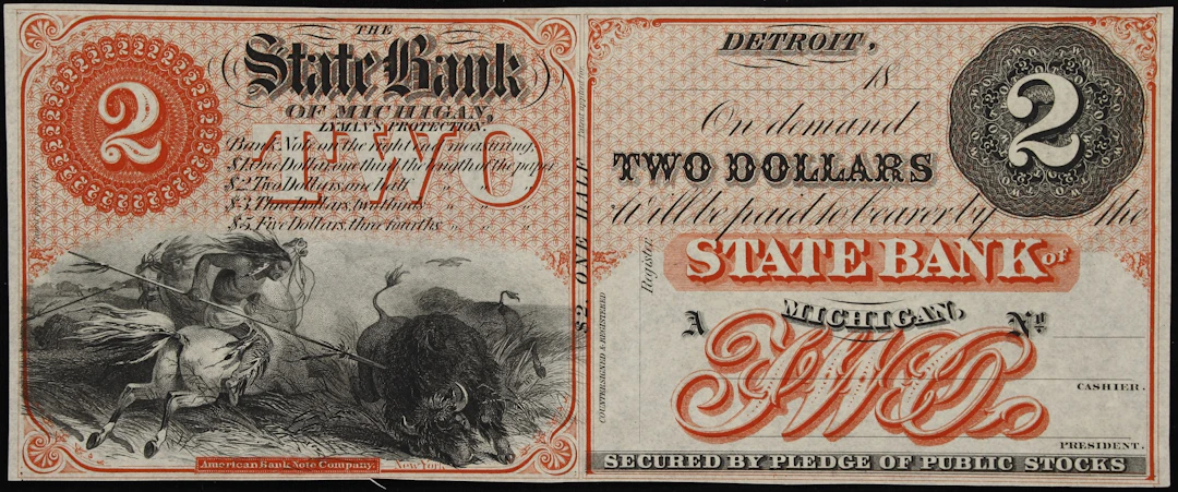 Detroit, Michigan. State Bank of Michigan. 18xx $2. Choice Uncirculated.
