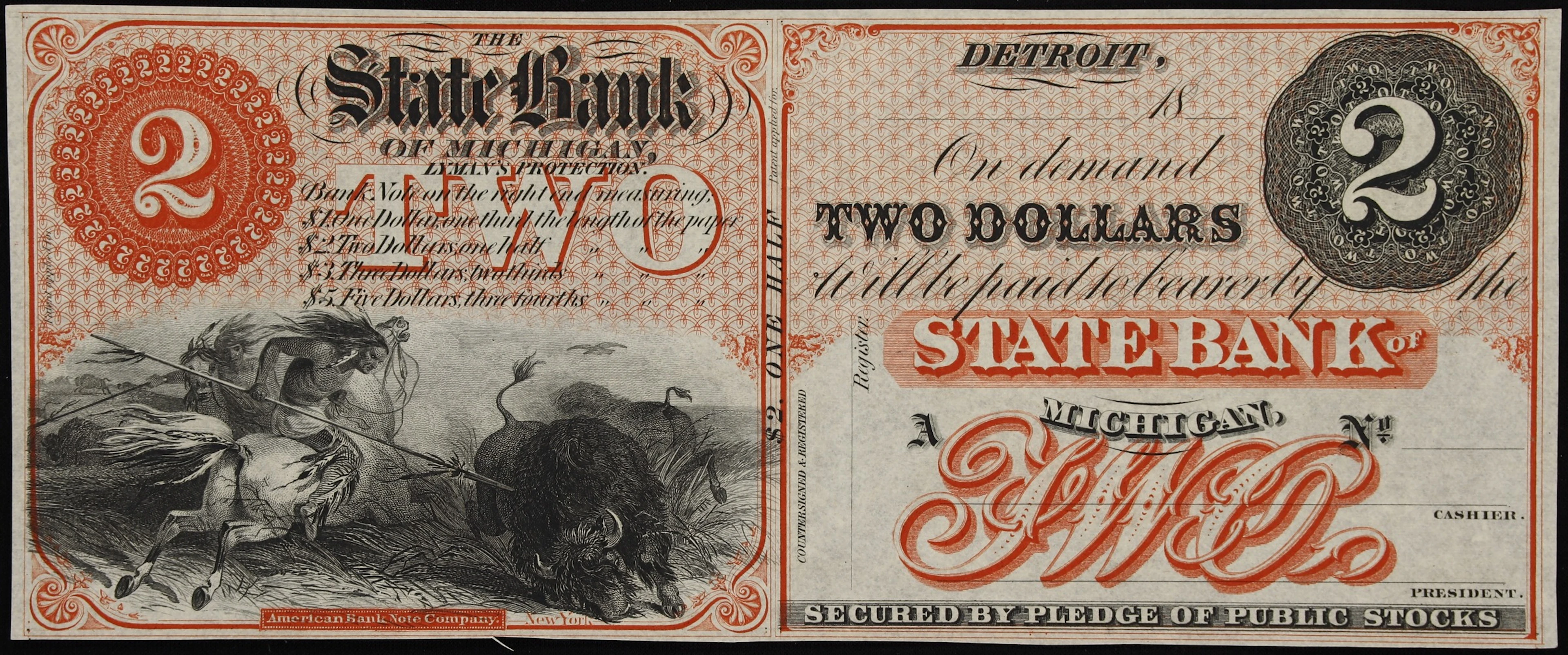 Detroit, Michigan. State Bank of Michigan. 18xx $2. Choice Uncirculated.