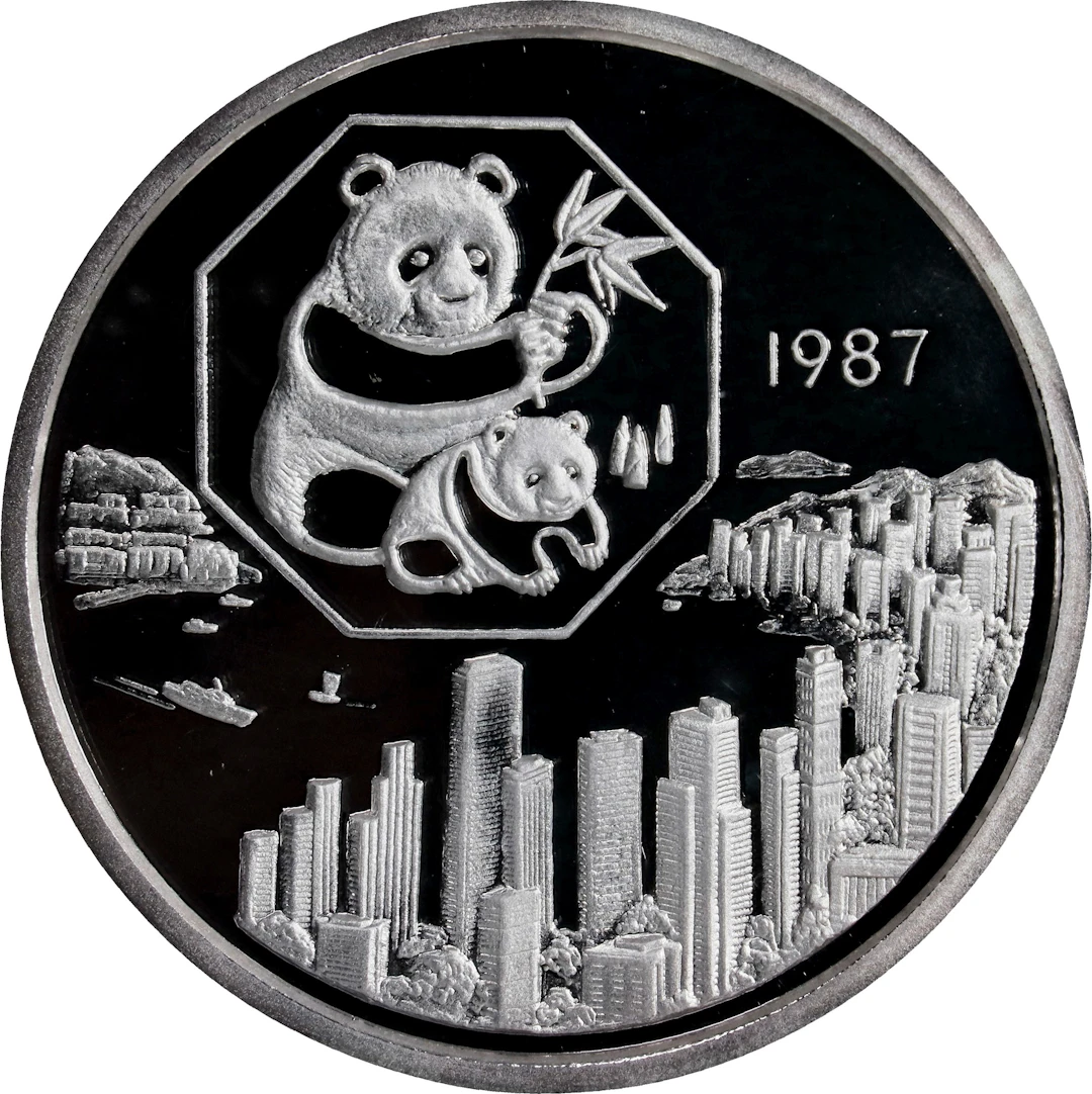 (t) CHINA. Hong Kong Coin Expo Silver Medal (5 Ounces), 1987. Panda
