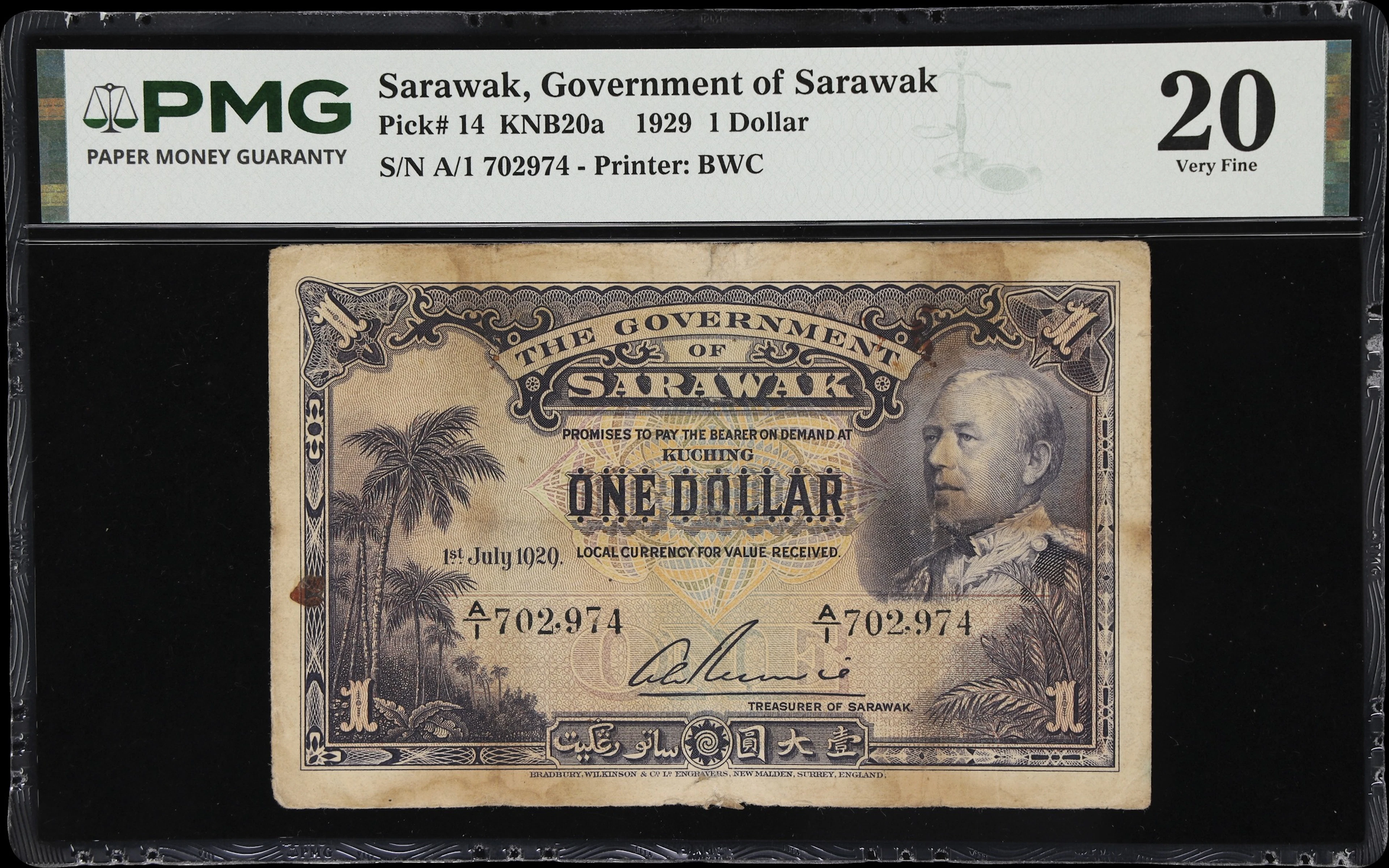 SARAWAK. Government of Sarawak. 1 Dollar, 1.7.1929. P-14. KNB20a.