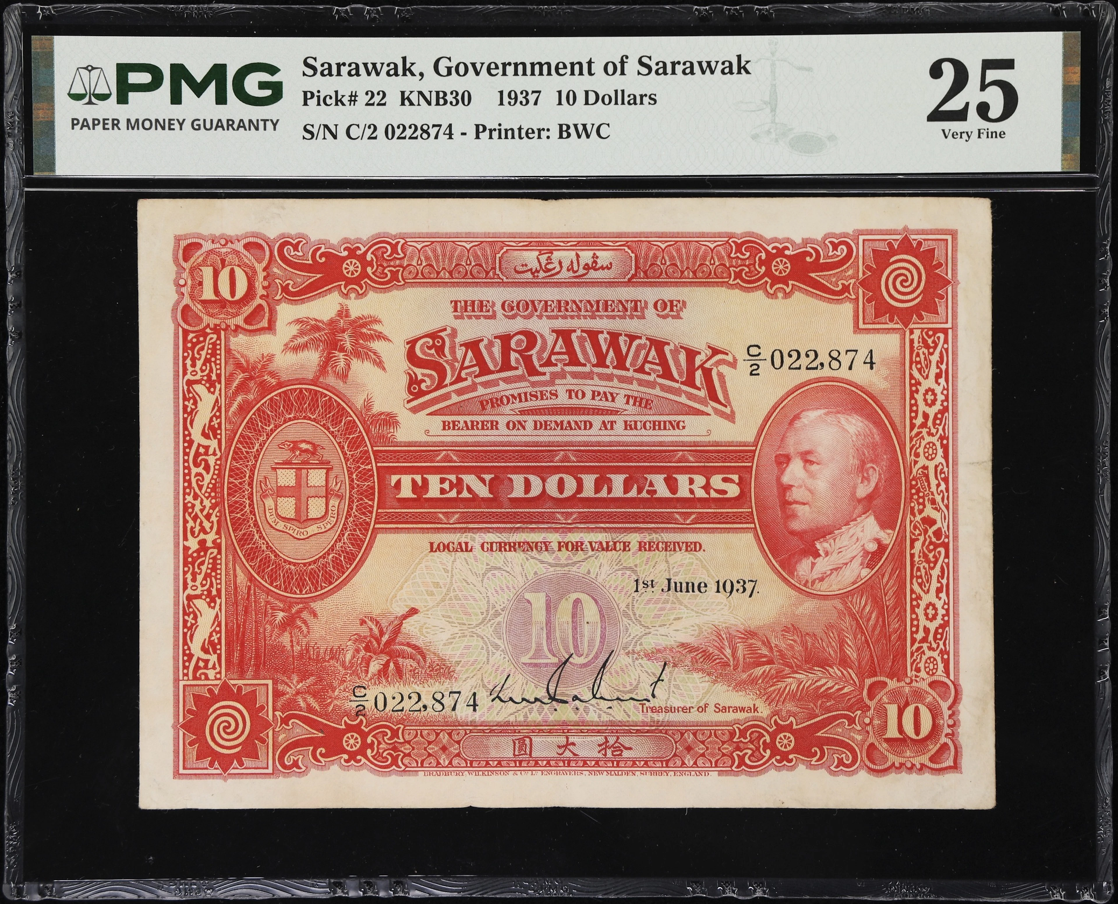 SARAWAK. Government of Sarawak. 10 Dollars, 1.6.1937. P-22. KNB30.