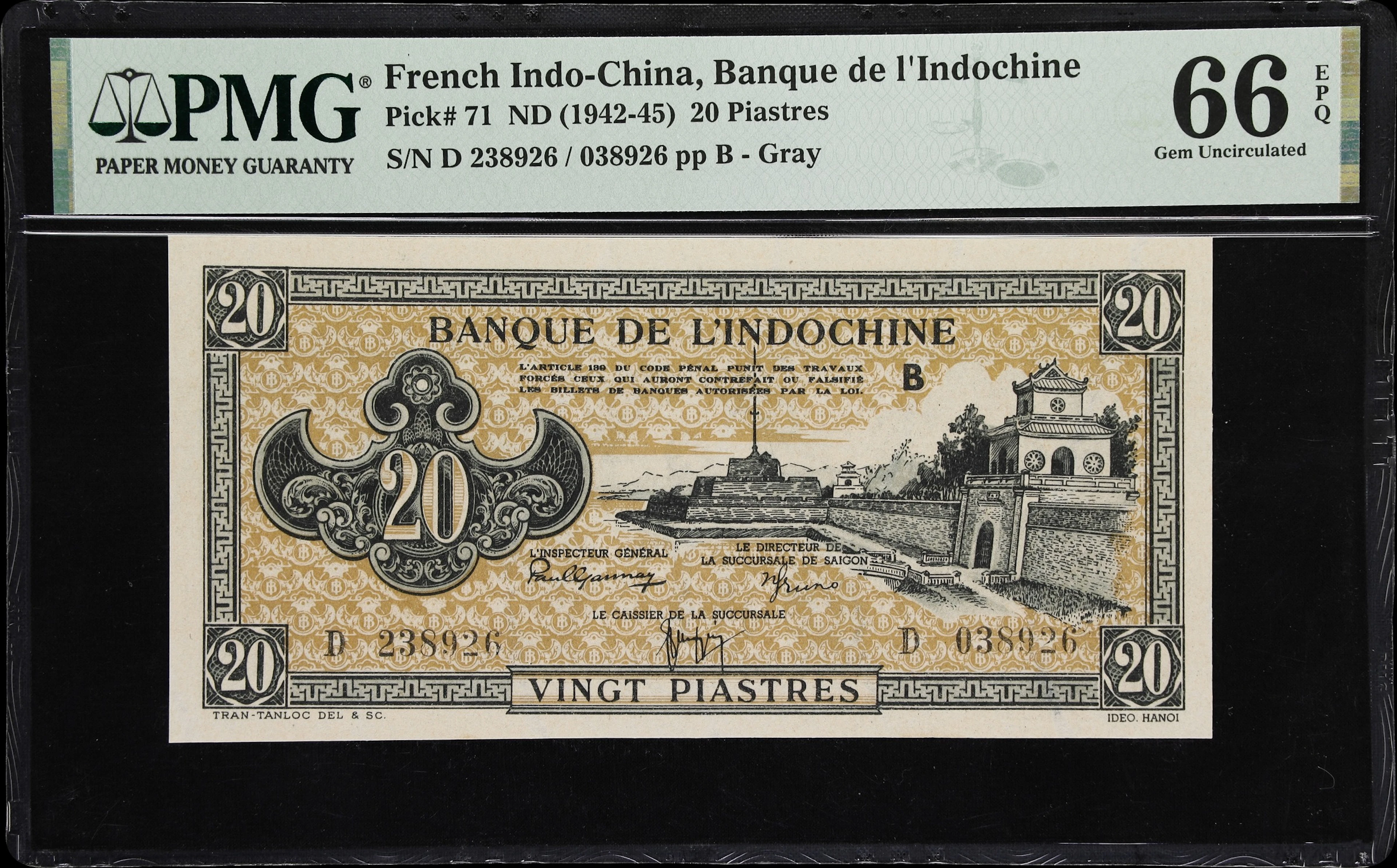 FRENCH INDO-CHINA. Banque de l'Indochine. 20 Piastres, ND (1942-45).