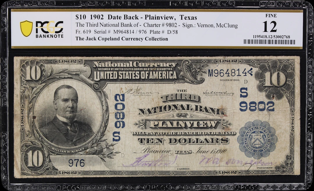 Plainview, Texas. $10 1902 Date Back. Fr. 619. Third NB. Charter #9802.