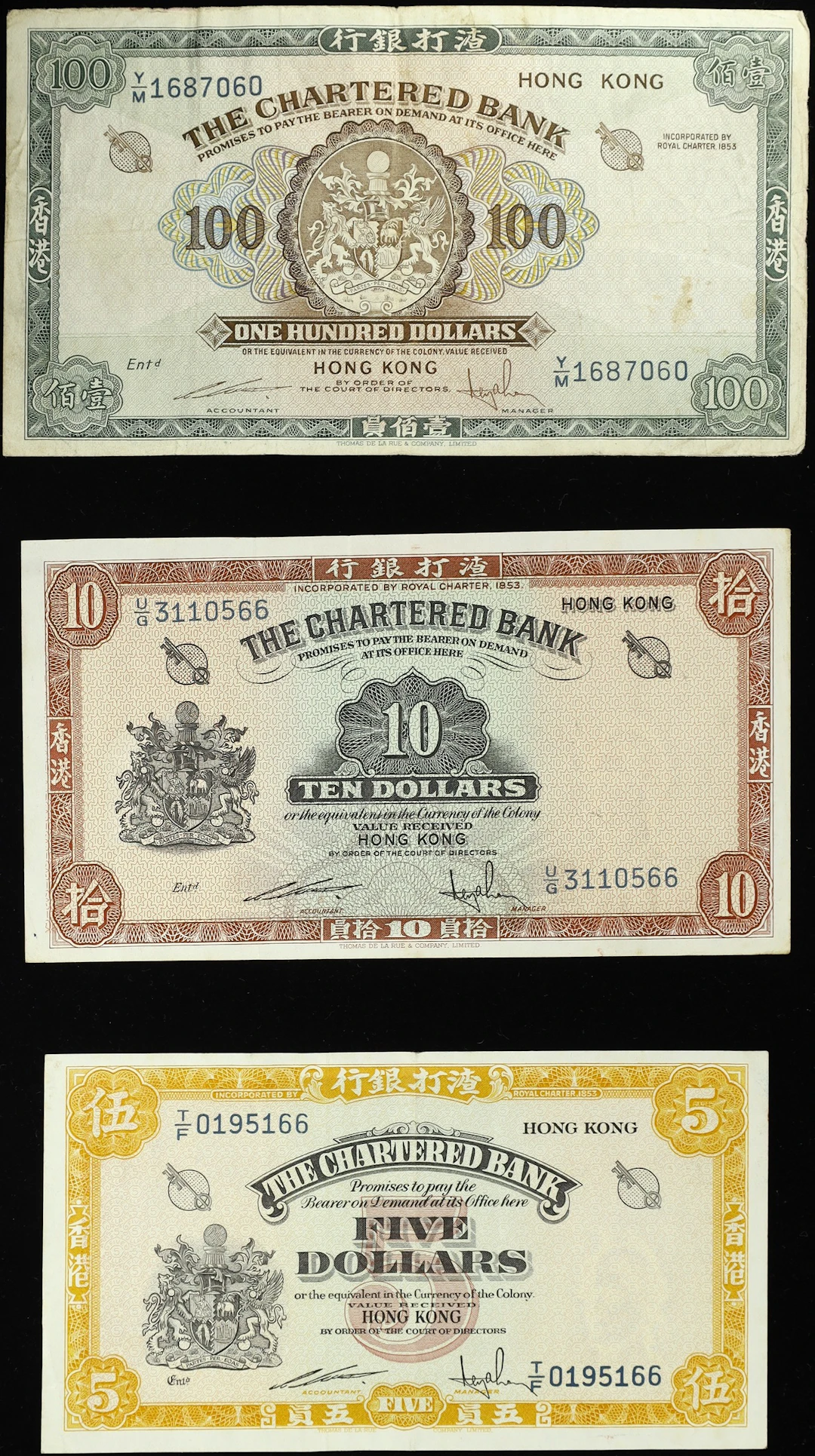 HONG KONG (SAR). Lot of (3). Chartered Bank. 5, 10, & 100 Dollars