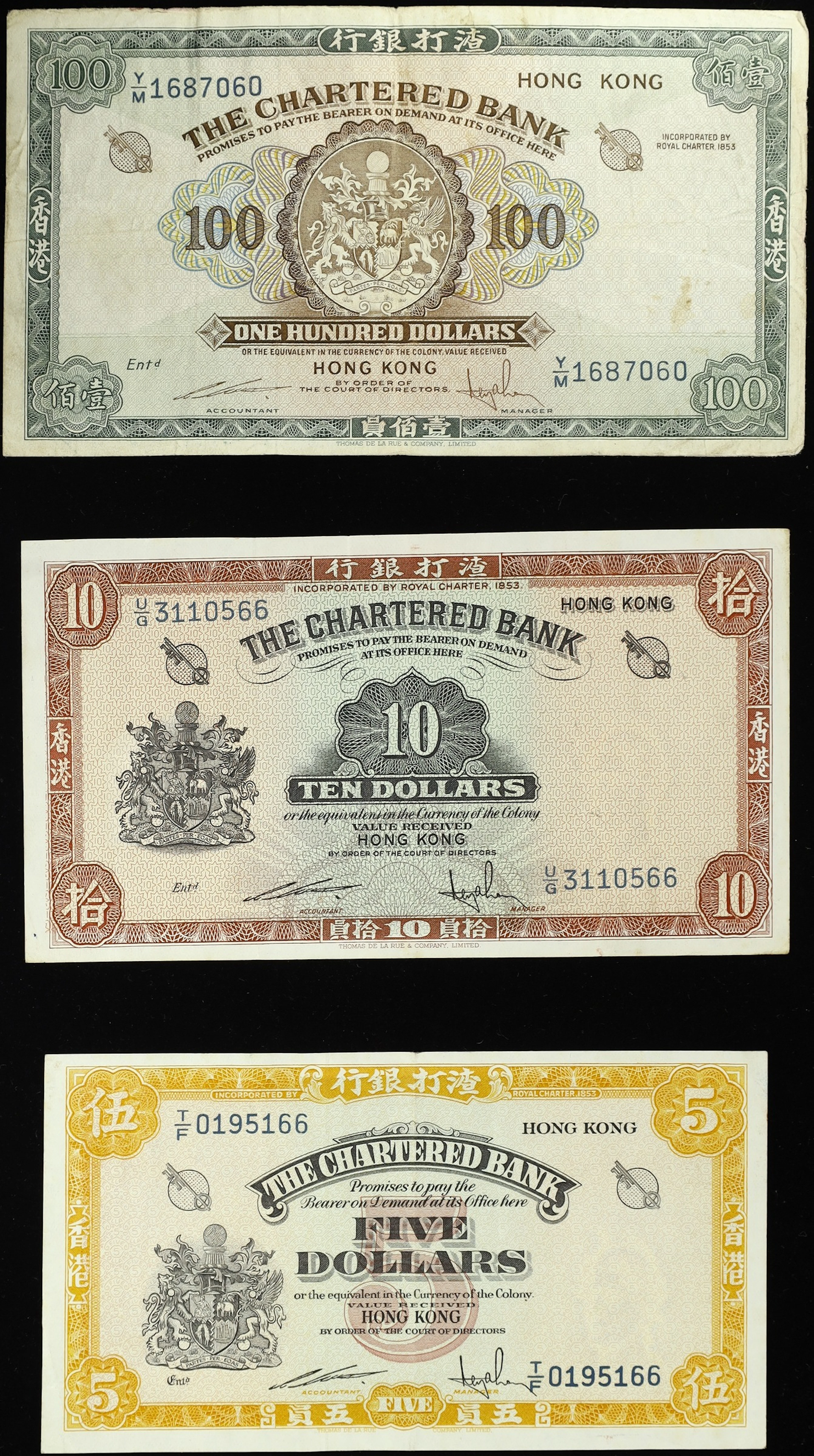 HONG KONG (SAR). Lot of (3). Chartered Bank. 5, 10, & 100 Dollars