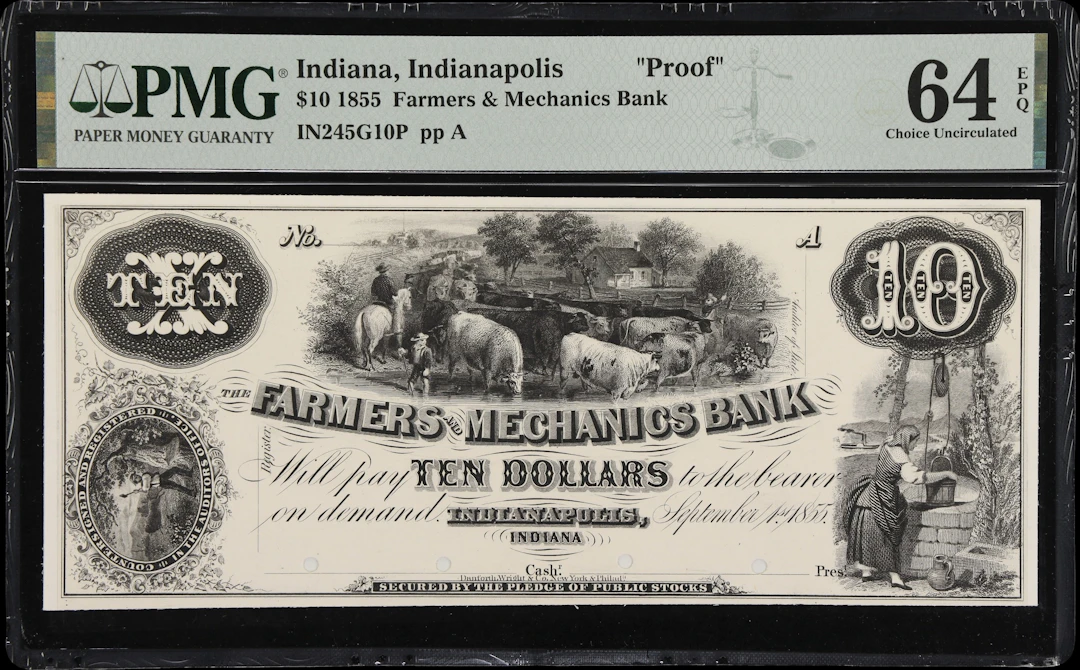 Indianapolis, Indiana. Farmers & Mechanics Bank. 1855 $10. PMG Choice