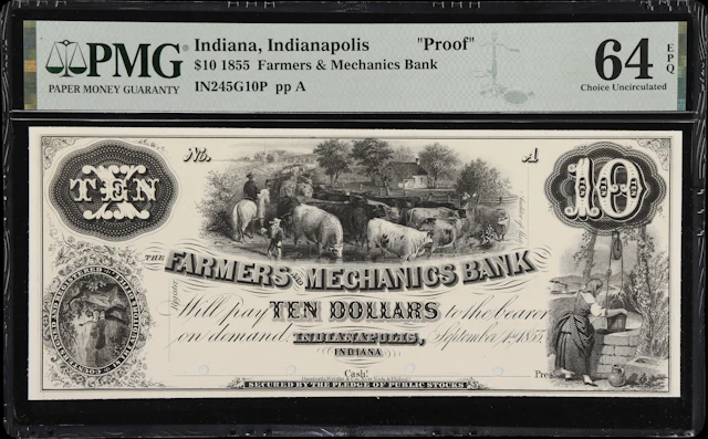 Indianapolis, Indiana. Farmers & Mechanics Bank. 1855 $10. PMG Choice